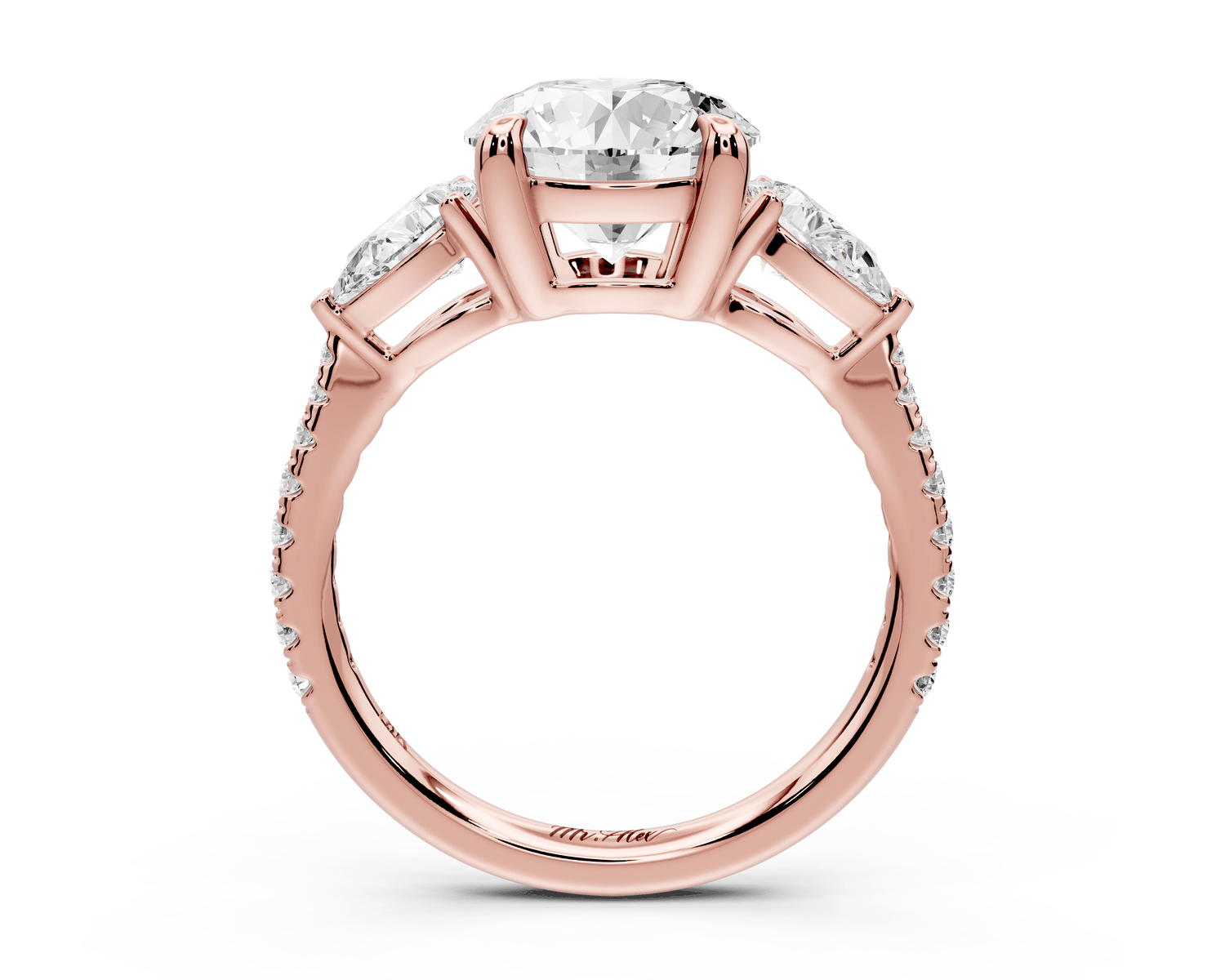 Alma - 2ct 18k rose gold round center stone with two pear shaped diamonds and pavé. Three stone oval and pear engagment ring with Pavé - Mr. Alex Jewelry