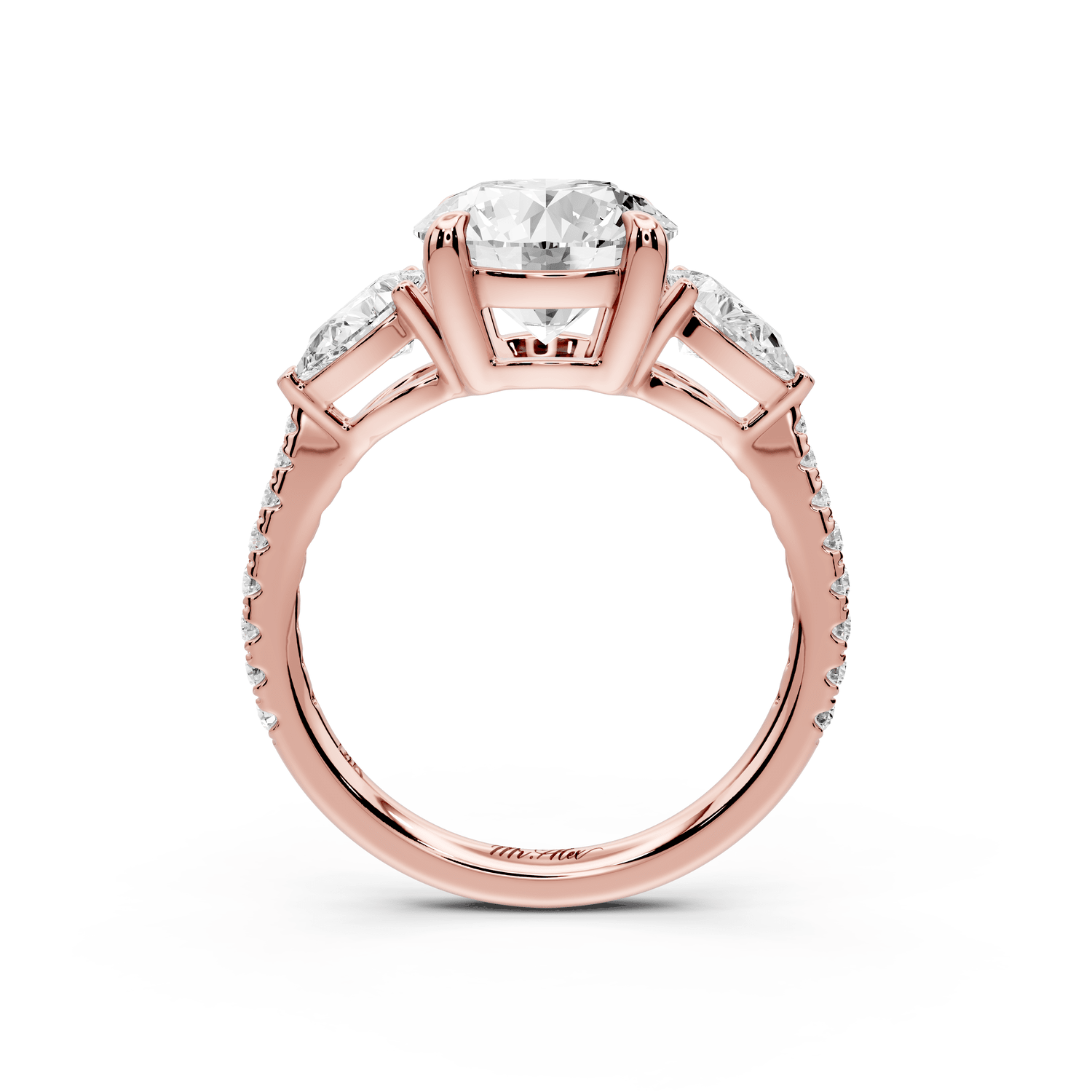 Alma - 2ct 18k rose gold round center stone with two pear shaped diamonds and pavé. Three stone oval and pear engagment ring with Pavé - Mr. Alex Jewelry