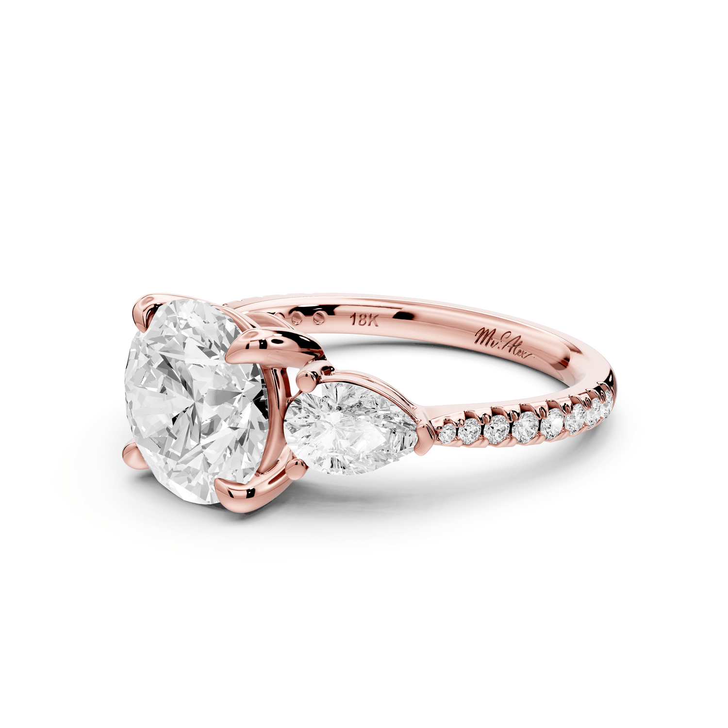 Alma - 2ct 18k rose gold round center stone with two pear shaped diamonds and pavé. Three stone oval and pear engagment ring with Pavé - Mr. Alex Jewelry