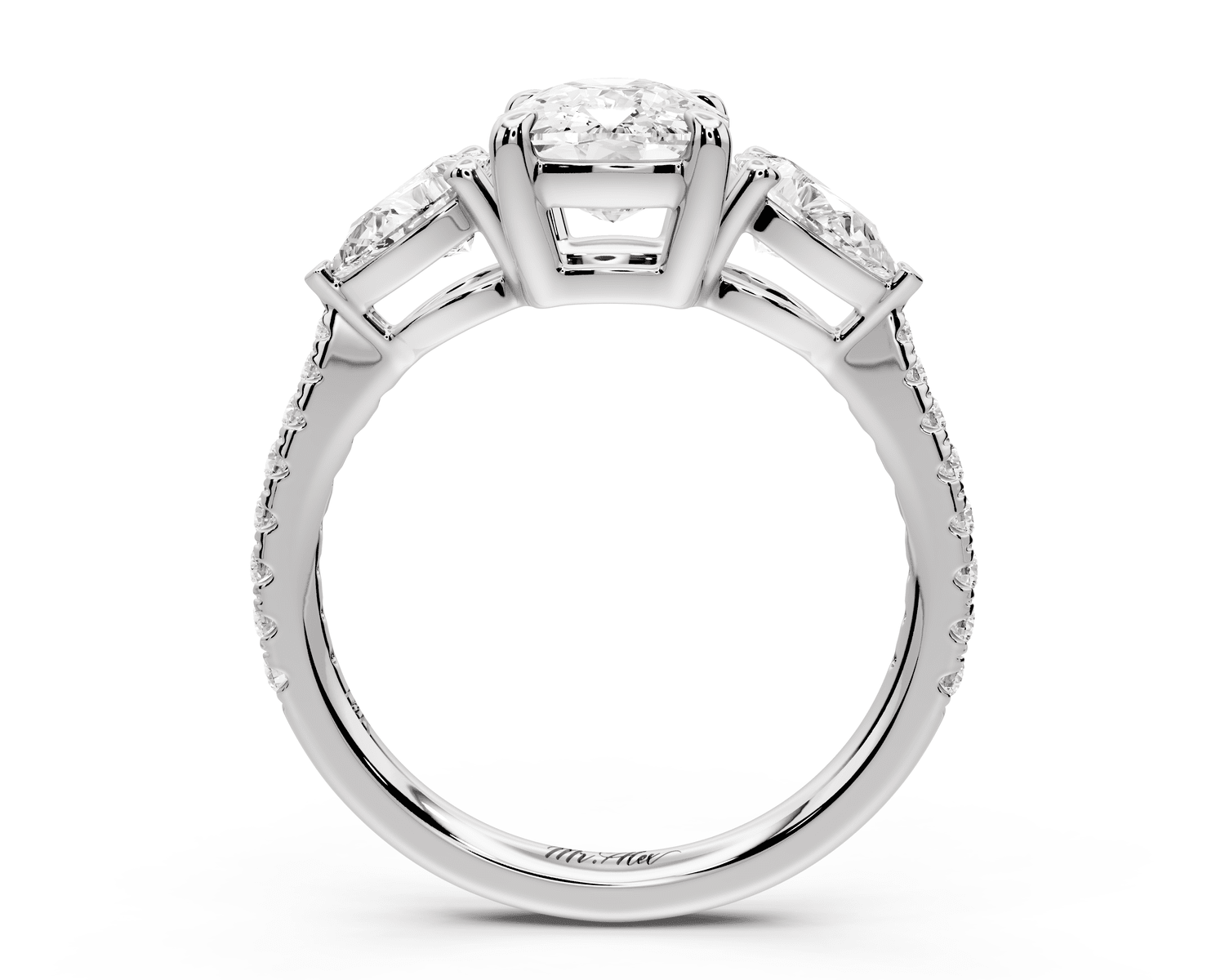 Alma - 2ct 18k white gold ecushion center stone with two pear shaped diamonds and pavé. Three stone oval and pear engagement ring with Pavé - Mr. Alex Jewelry