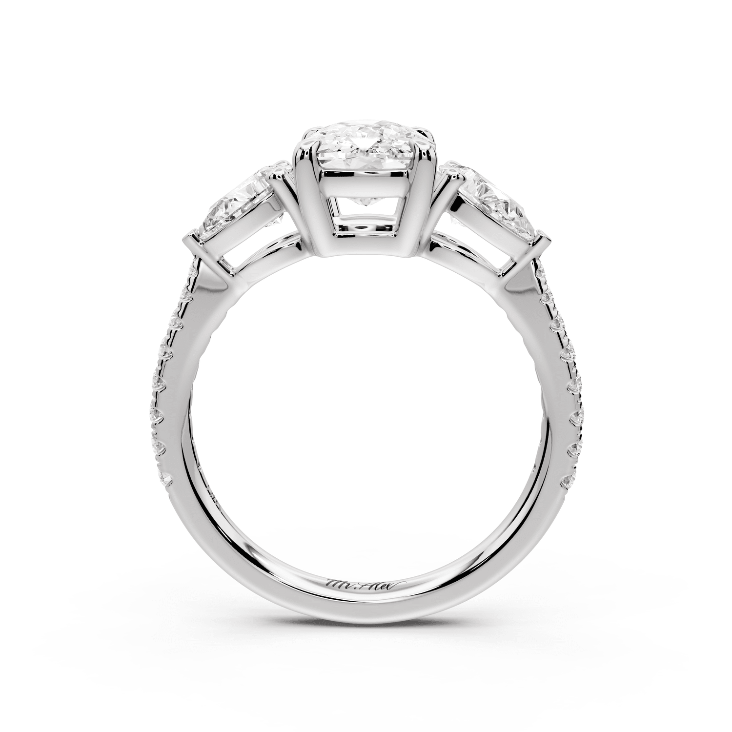 Alma - 2ct 18k white gold ecushion center stone with two pear shaped diamonds and pavé. Three stone oval and pear engagement ring with Pavé - Mr. Alex Jewelry