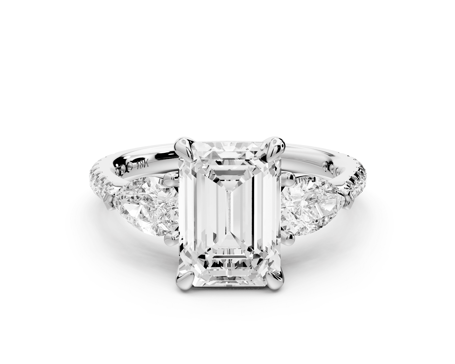 Alma - 2ct 18k white gold emerald center stone with two pear shaped diamonds and pavé. Three stone oval and pear Engagement ring with Pavé - Mr. Alex Jewelry