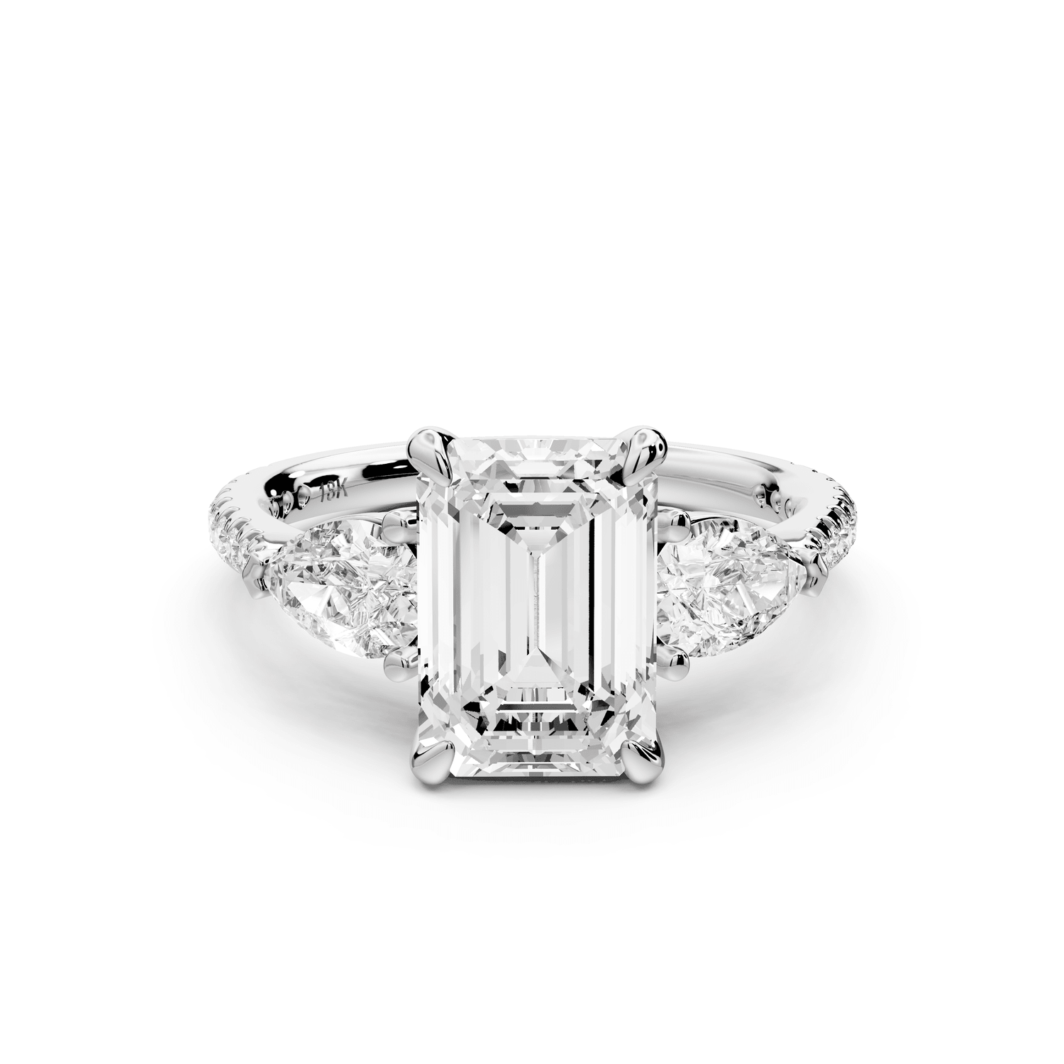 Alma - 2ct 18k white gold emerald center stone with two pear shaped diamonds and pavé. Three stone oval and pear Engagement ring with Pavé - Mr. Alex Jewelry