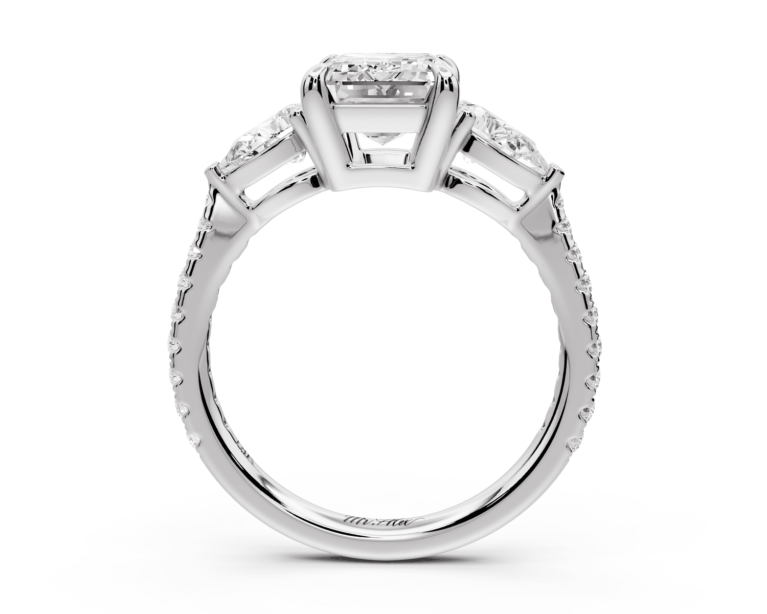 Alma - 2ct 18k white gold emerald center stone with two pear shaped diamonds and pavé. Three stone oval and pear Engagement ring with Pavé - Mr. Alex Jewelry