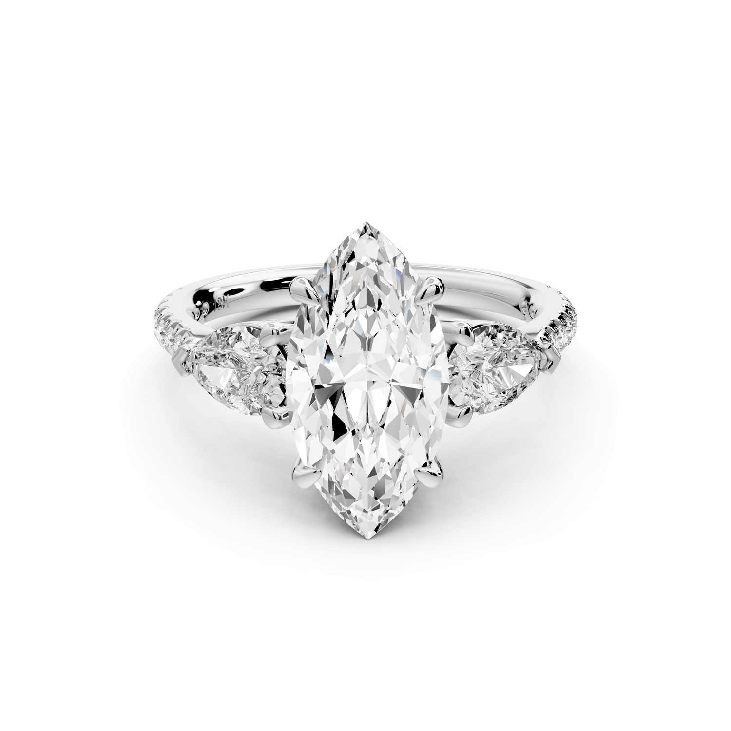 Alma - 2ct 18k white gold marquise center stone with two pear shaped diamonds and pavé. Three stone oval and pear engagement ring with Pavé - Mr. Alex Jewelry