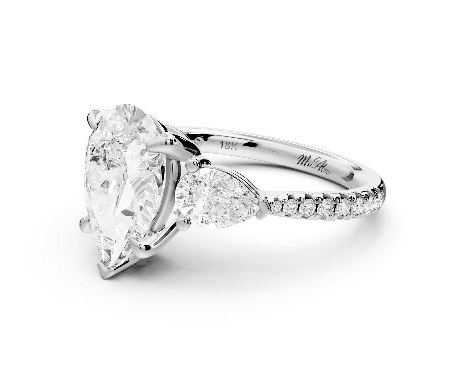 Alma - 2ct 18k white gold pear center stone with two pear shaped diamonds and pavé. Three stone oval and pear Engagement ring with Pavé - Mr. Alex Jewelry