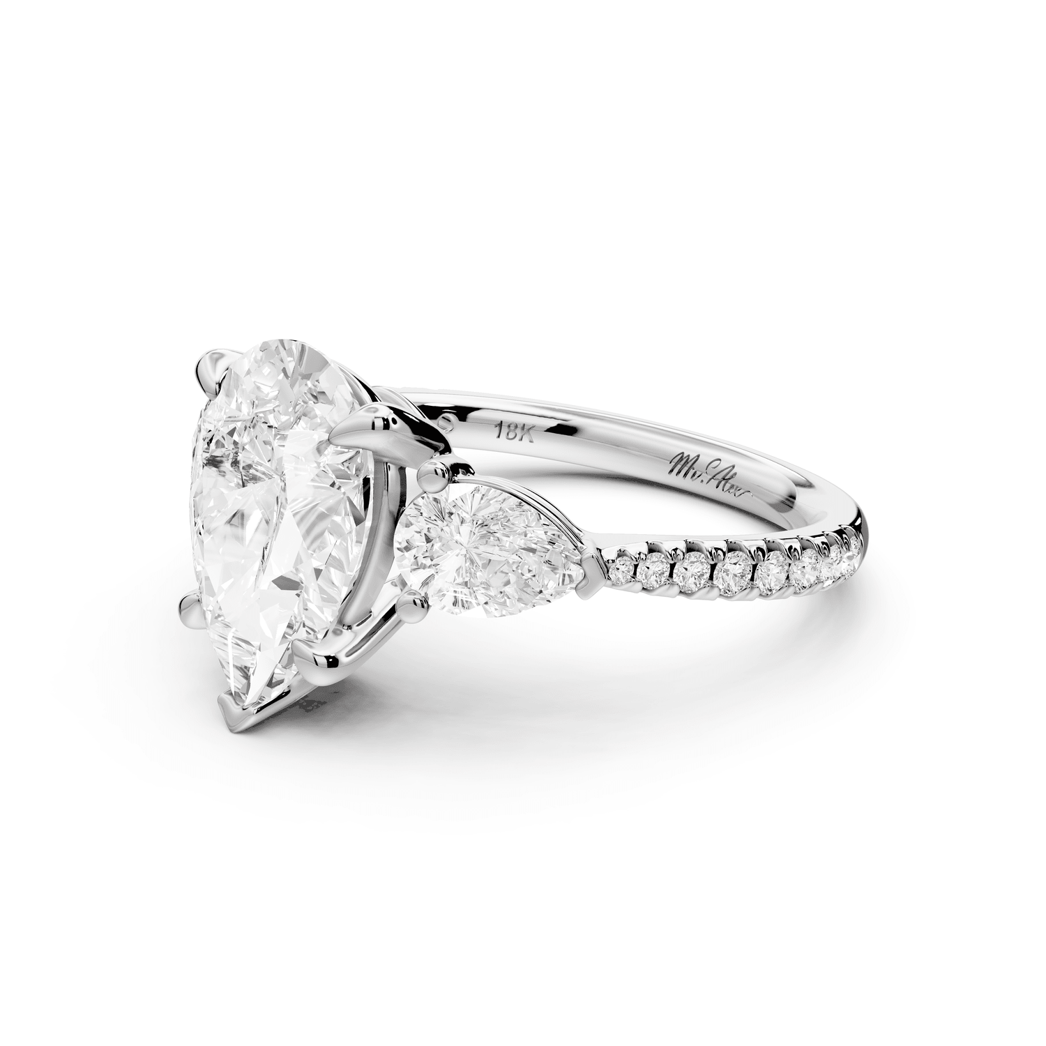 Alma - 2ct 18k white gold pear center stone with two pear shaped diamonds and pavé. Three stone oval and pear Engagement ring with Pavé - Mr. Alex Jewelry