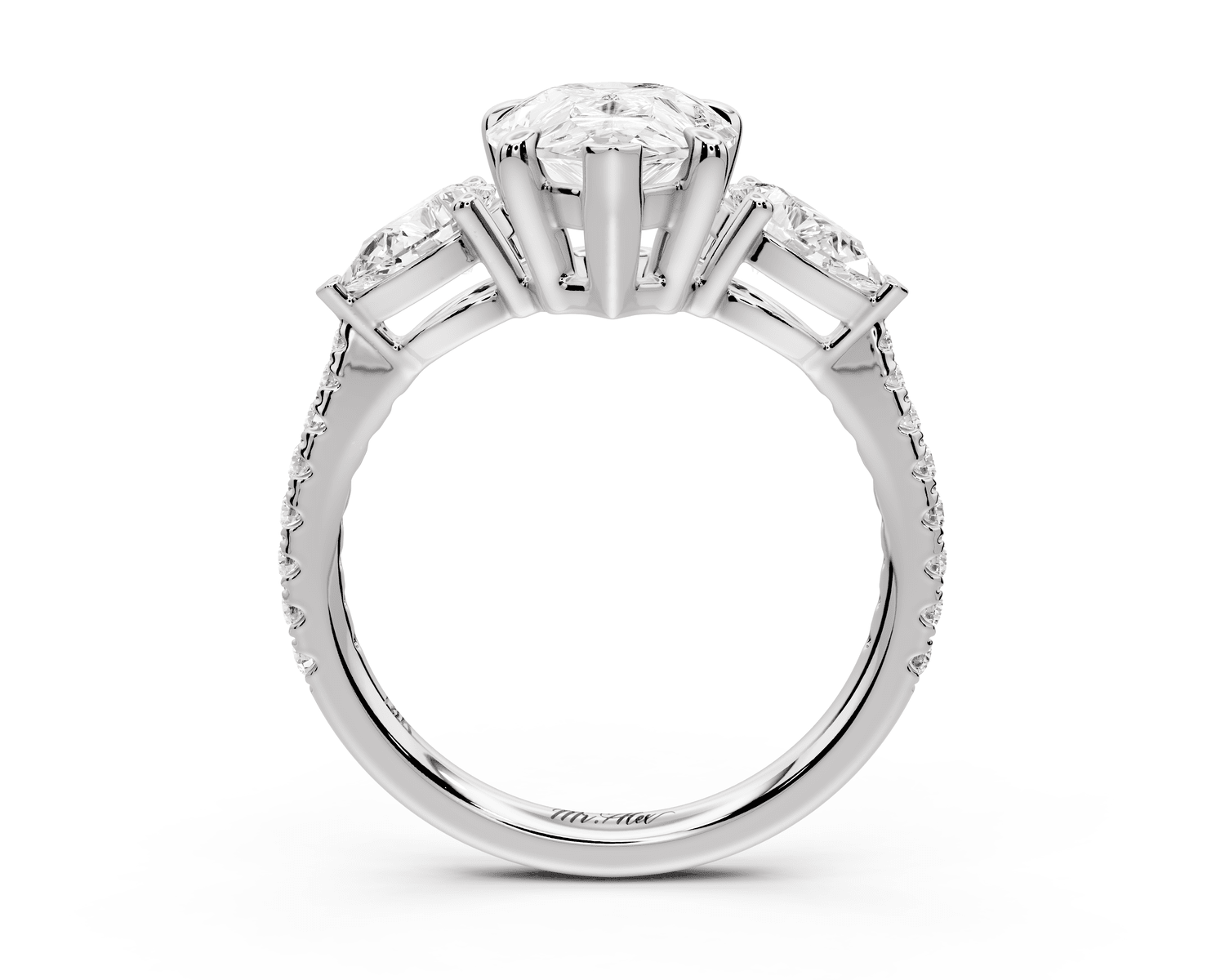 Alma - 2ct 18k white gold pear center stone with two pear shaped diamonds and pavé. Three stone oval and pear Engagement ring with Pavé - Mr. Alex Jewelry