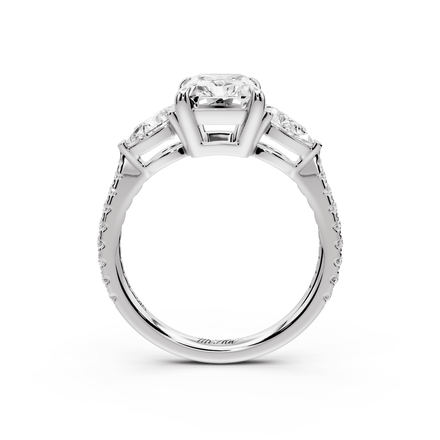 Alma - 2ct 18k white gold radiant center stone with two pear shaped diamonds and pavé. Three stone oval and pear engagement ring with Pavé - Mr. Alex Jewelry