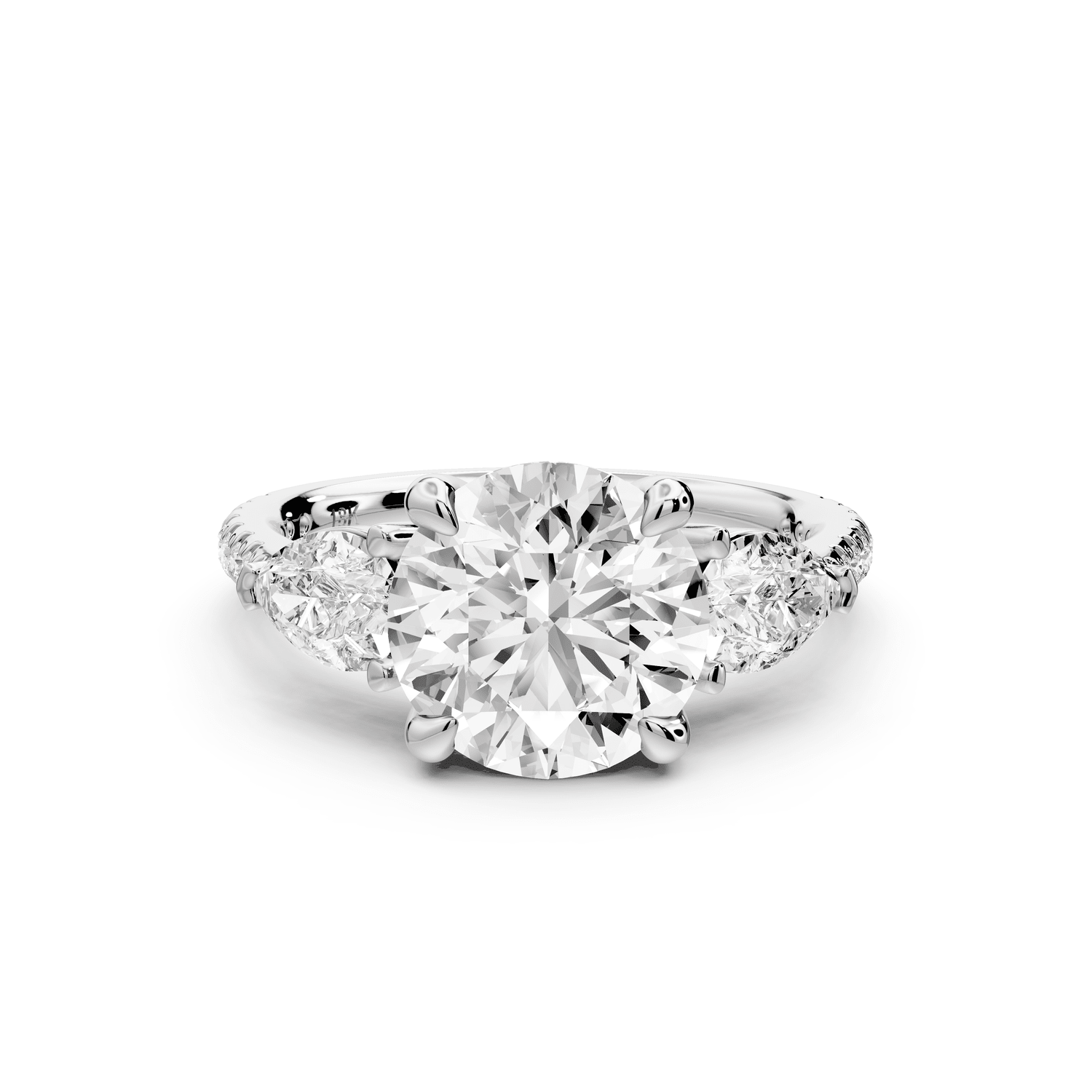 Alma - 2ct 18k white gold round center stone with two pear shaped diamonds and pavé. Three stone oval and pear engagment ring with Pavé - Mr. Alex Jewelry