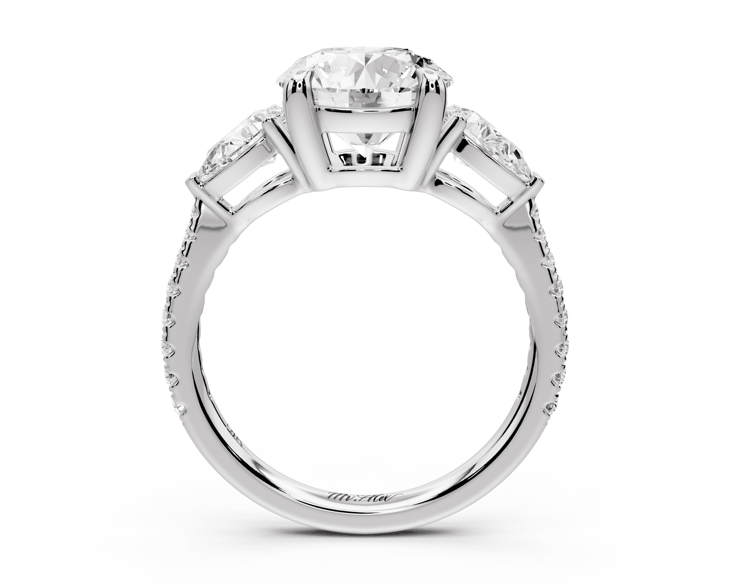 Alma - 2ct 18k white gold round center stone with two pear shaped diamonds and pavé. Three stone oval and pear engagment ring with Pavé - Mr. Alex Jewelry