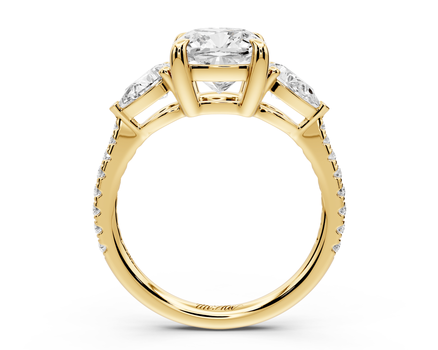 Alma - 2ct 18k yellow gold cushion center stone with two pear shaped diamonds and pavé. Three stone oval and pear engagement ring with Pavé - Mr. Alex Jewelry