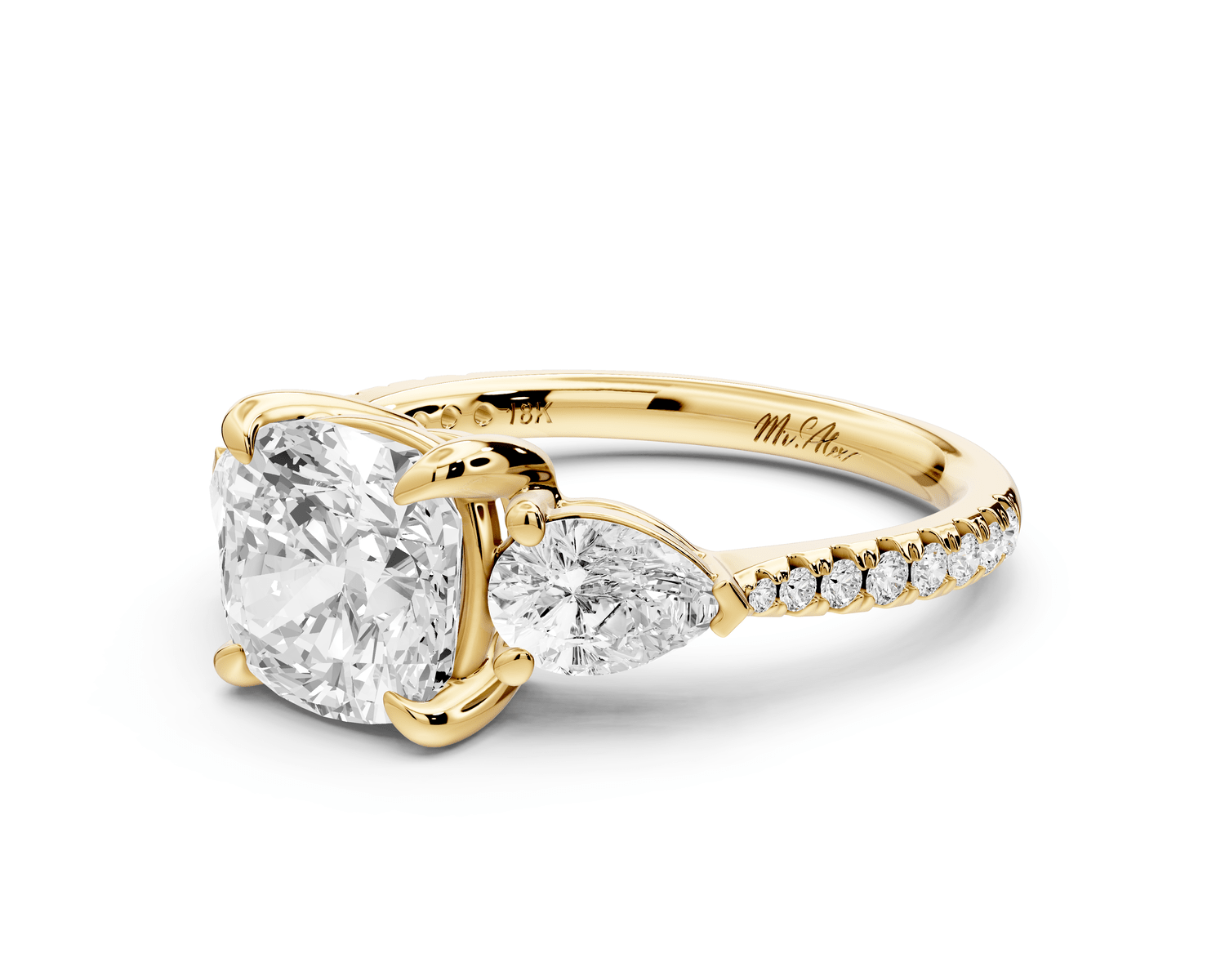 Alma - 2ct 18k yellow gold cushion center stone with two pear shaped diamonds and pavé. Three stone oval and pear engagement ring with Pavé - Mr. Alex Jewelry