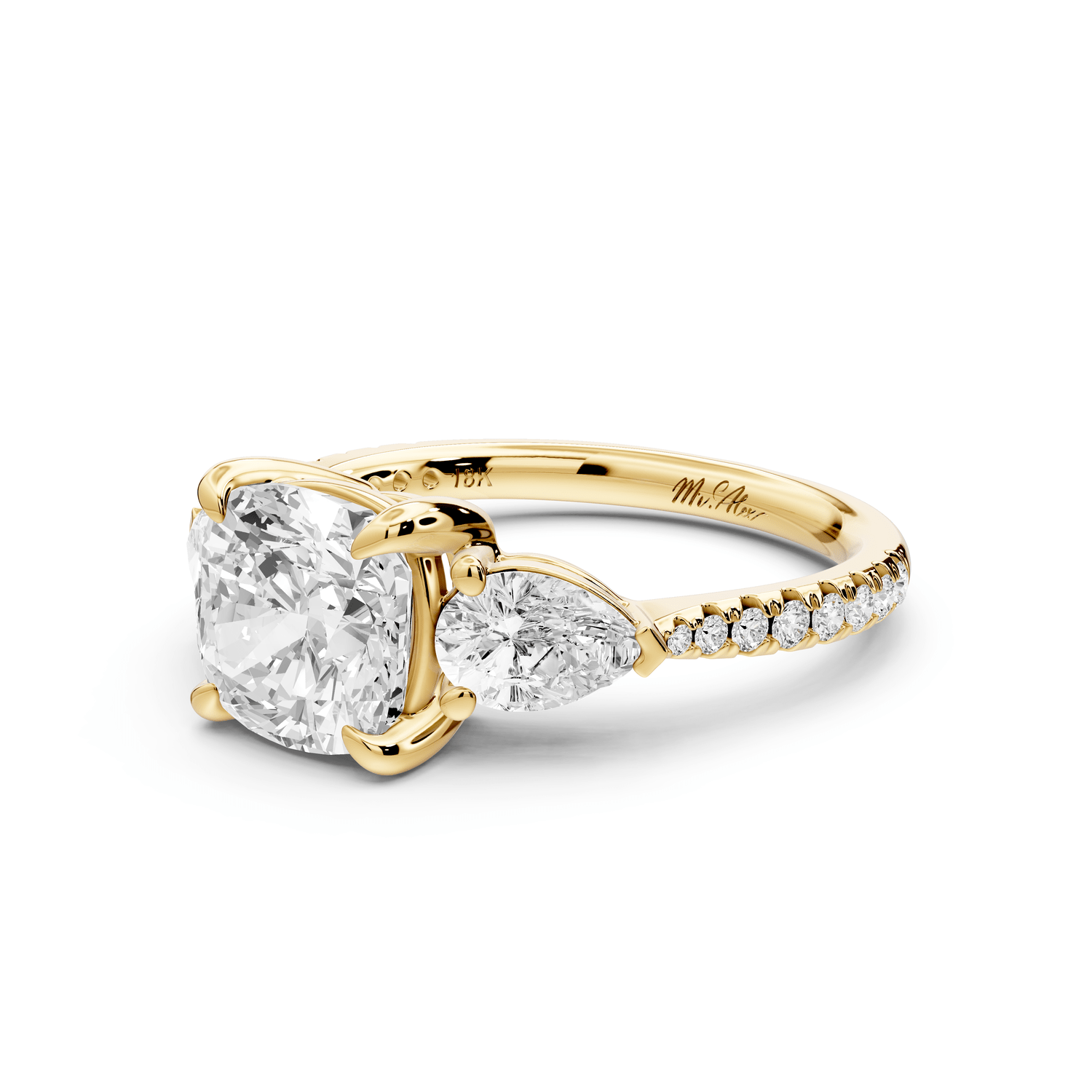 Alma - 2ct 18k yellow gold cushion center stone with two pear shaped diamonds and pavé. Three stone oval and pear engagement ring with Pavé - Mr. Alex Jewelry