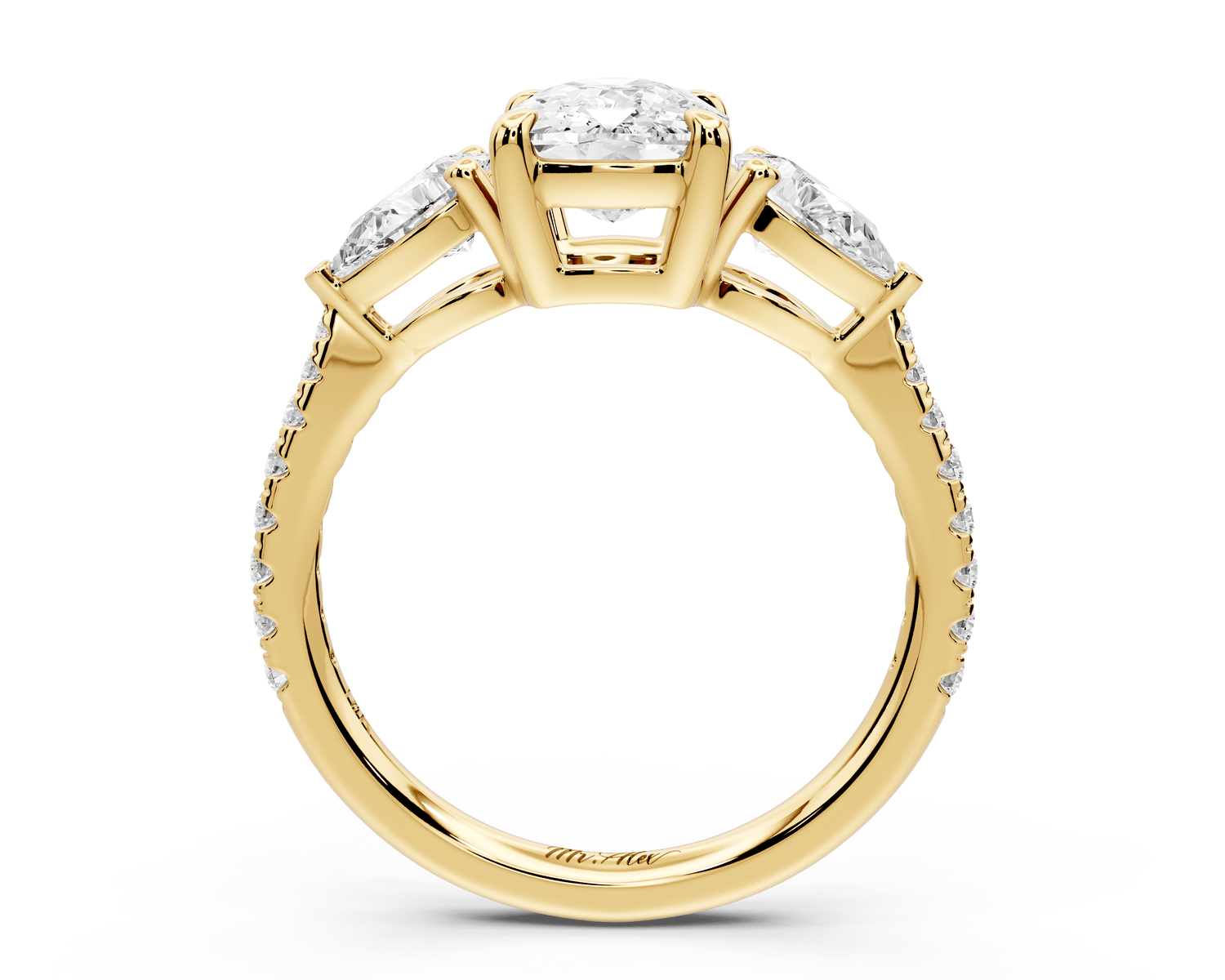 Alma - 2ct 18k yellow gold ecushion center stone with two pear shaped diamonds and pavé. Three stone oval and pear engagement ring with Pavé - Mr. Alex Jewelry