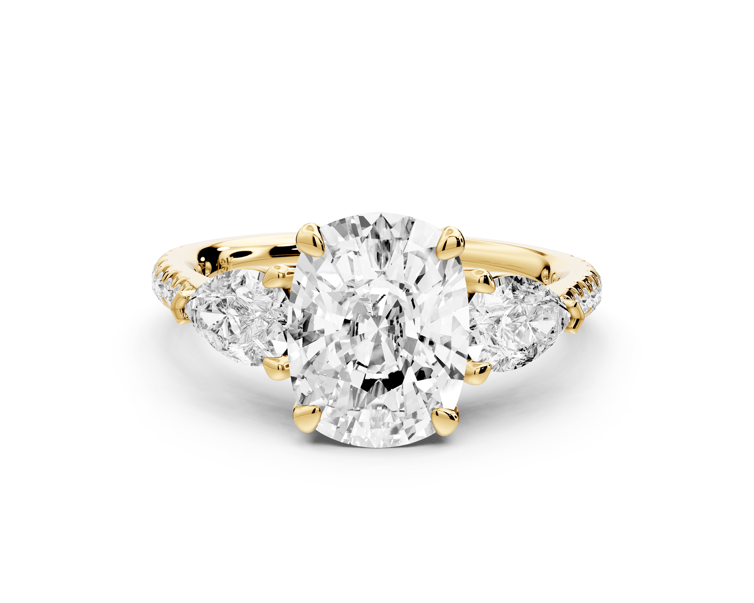 Alma - 2ct 18k yellow gold ecushion center stone with two pear shaped diamonds and pavé. Three stone oval and pear engagement ring with Pavé - Mr. Alex Jewelry