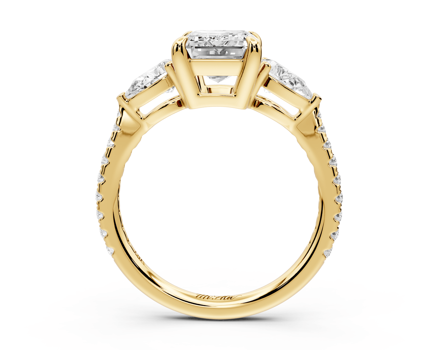 Alma - 2ct 18k yellow gold emerald center stone with two pear shaped diamonds and pavé. Three stone oval and pear Engagement ring with Pavé - Mr. Alex Jewelry