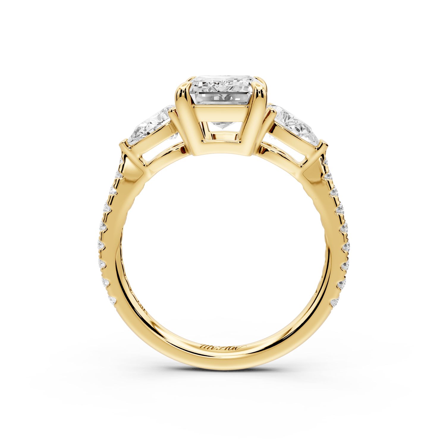 Alma - 2ct 18k yellow gold emerald center stone with two pear shaped diamonds and pavé. Three stone oval and pear Engagement ring with Pavé - Mr. Alex Jewelry