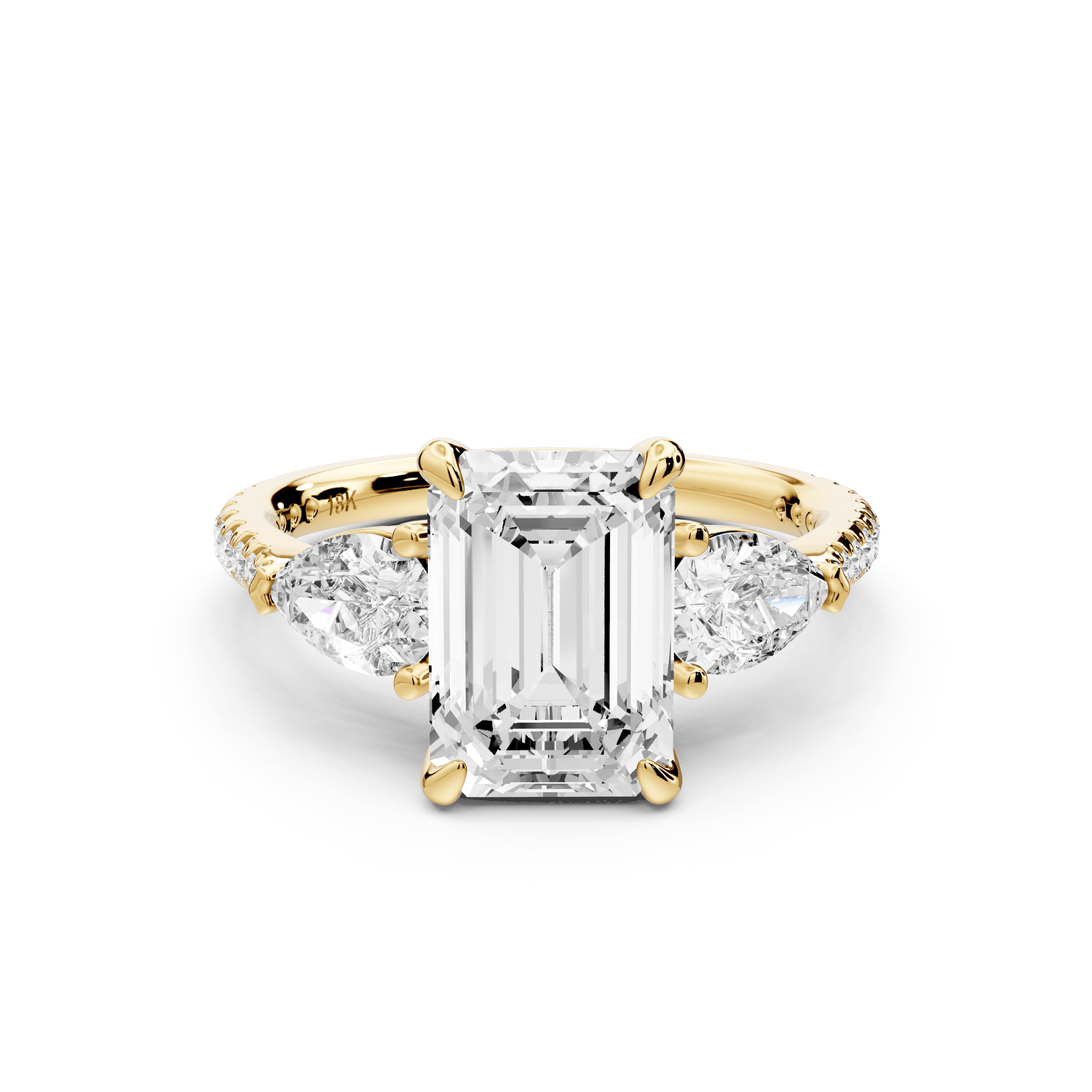Alma - 2ct 18k yellow gold emerald center stone with two pear shaped diamonds and pavé. Three stone oval and pear Engagement ring with Pavé - Mr. Alex Jewelry