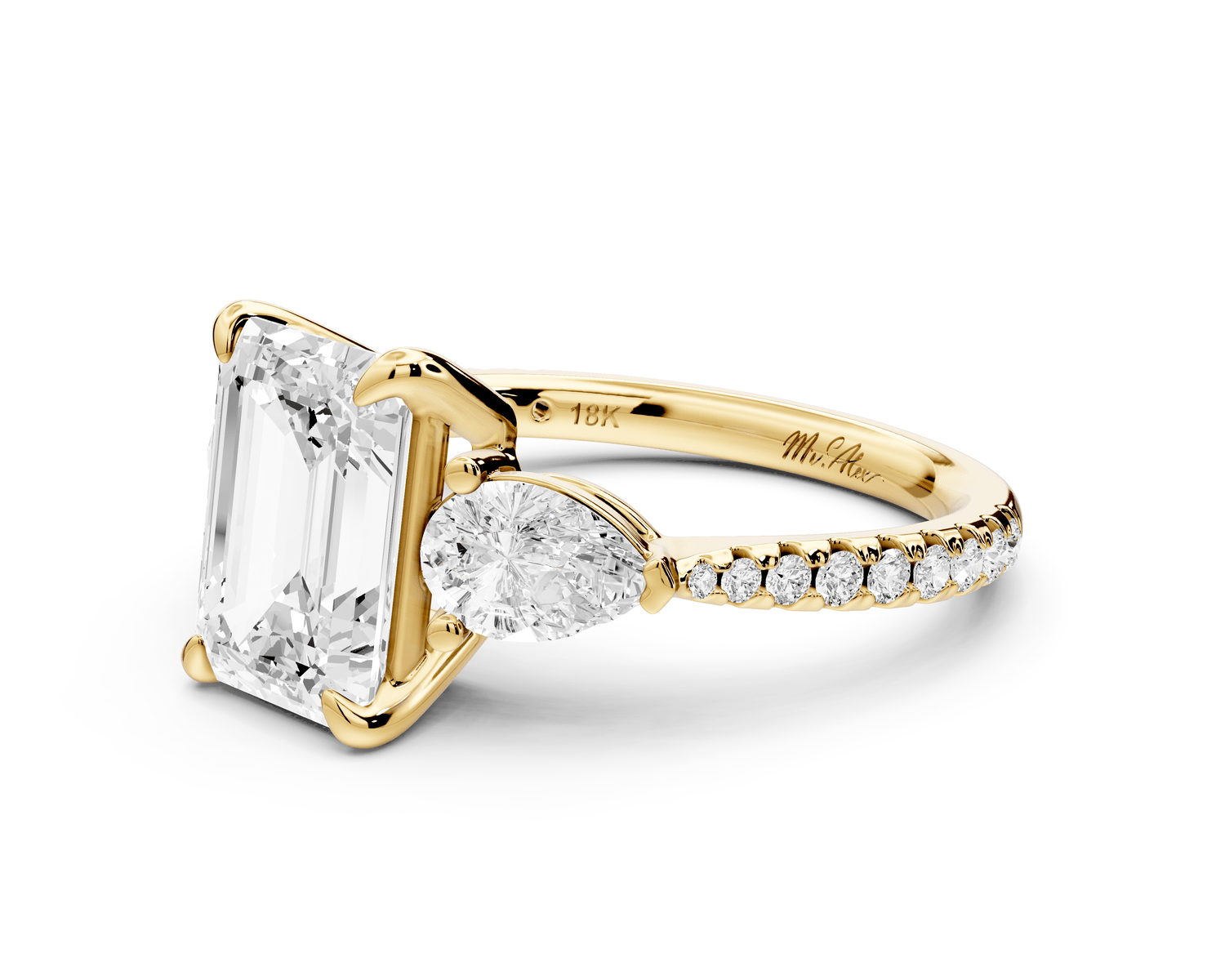 Alma - 2ct 18k yellow gold emerald center stone with two pear shaped diamonds and pavé. Three stone oval and pear Engagement ring with Pavé - Mr. Alex Jewelry