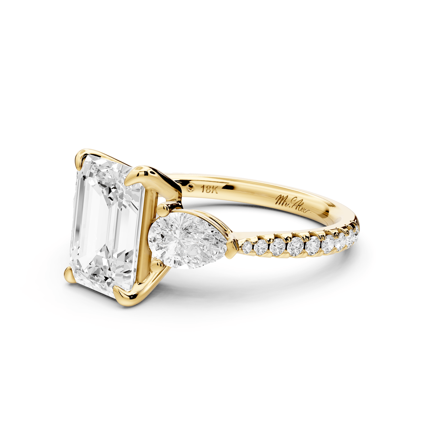 Alma - 2ct 18k yellow gold emerald center stone with two pear shaped diamonds and pavé. Three stone oval and pear Engagement ring with Pavé - Mr. Alex Jewelry