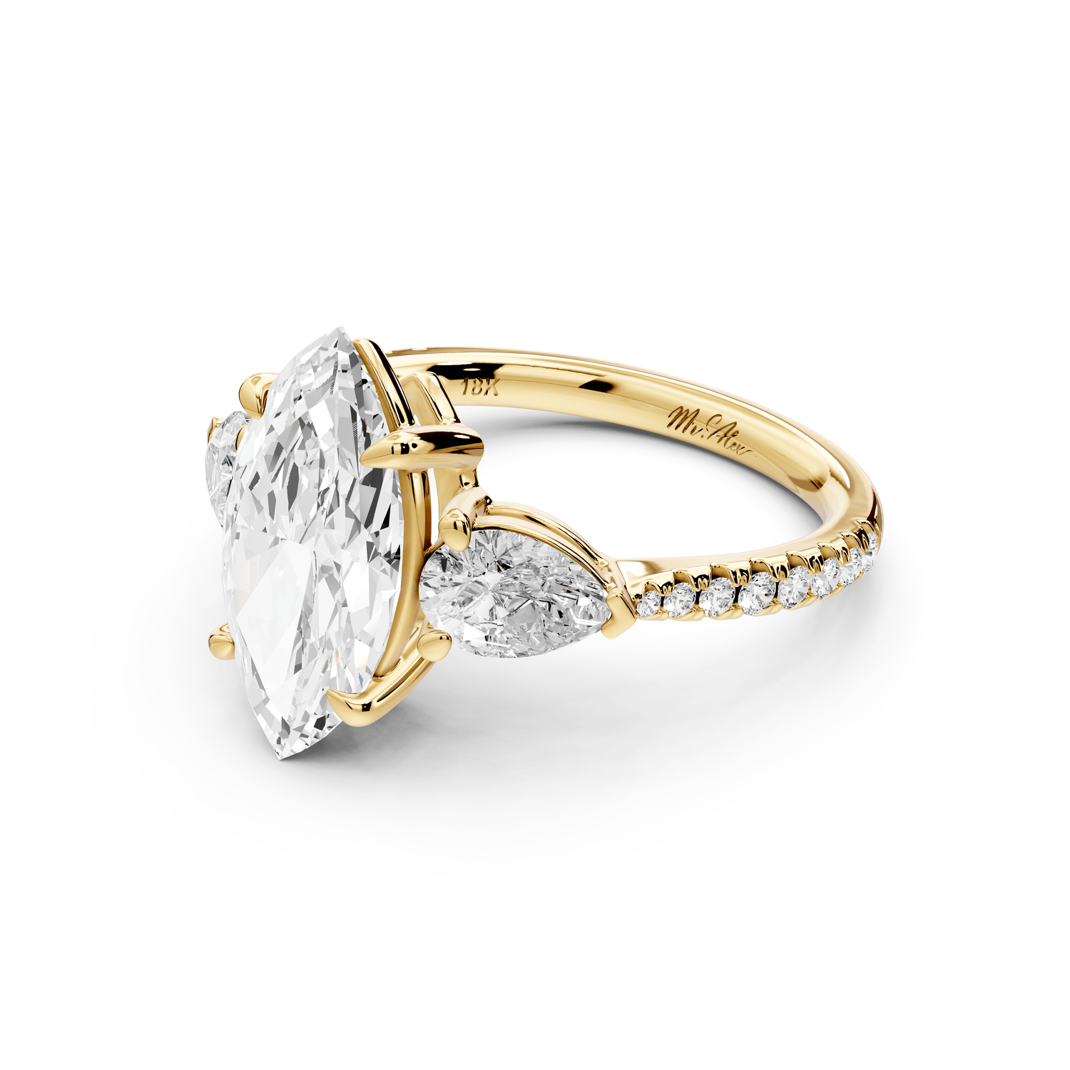 Alma - 2ct 18k yellow gold marquise center stone with two pear shaped diamonds and pavé. Three stone oval and pear engagement ring with Pavé - Mr. Alex Jewelry