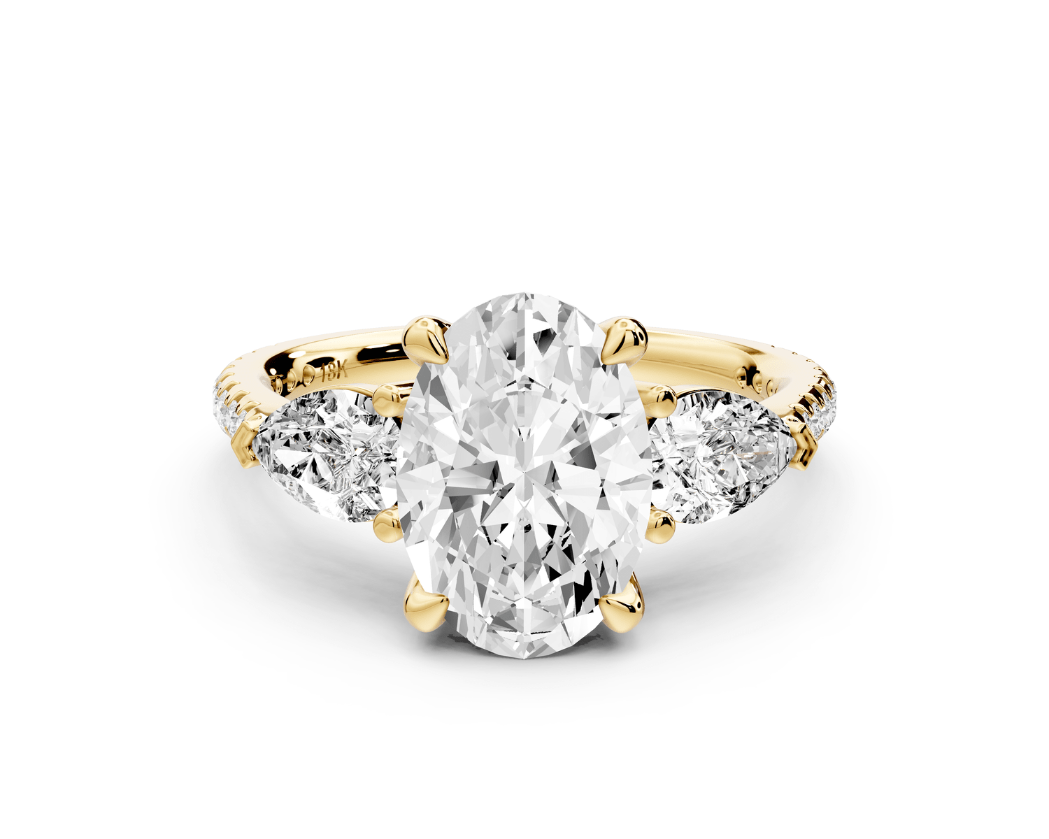 Alma - 2ct 18k yellow gold oval center stone with two pear shaped diamonds and pavé. Three stone oval and pear Engagement ring with Pavé - Mr. Alex Jewelry