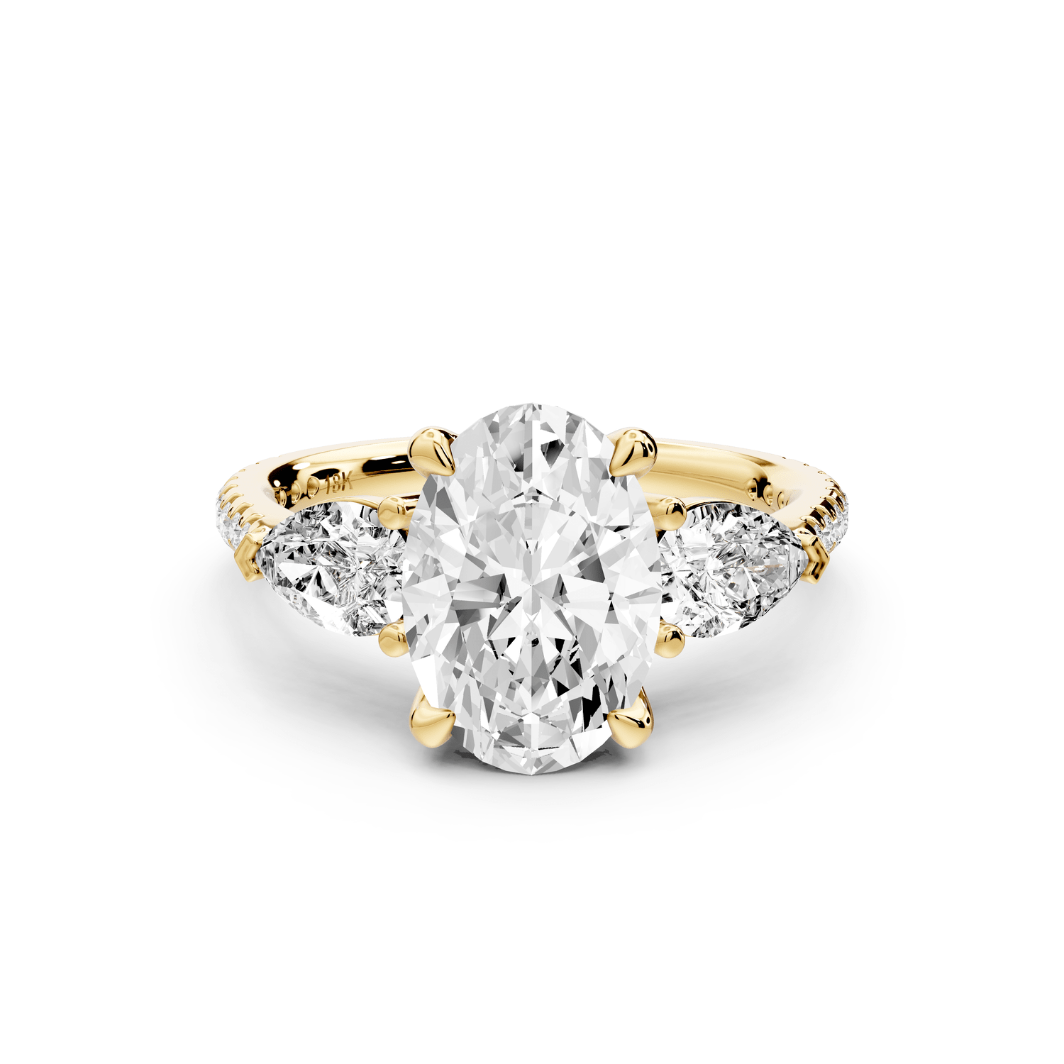 Alma - 2ct 18k yellow gold oval center stone with two pear shaped diamonds and pavé. Three stone oval and pear Engagement ring with Pavé - Mr. Alex Jewelry
