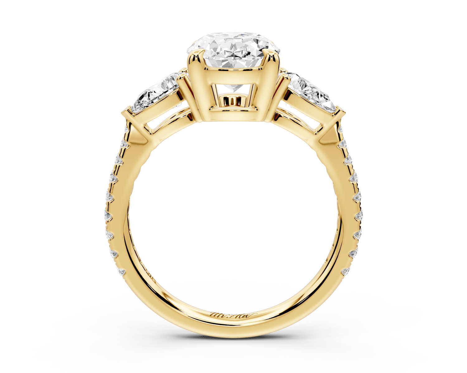 Alma - 2ct 18k yellow gold oval center stone with two pear shaped diamonds and pavé. Three stone oval and pear Engagement ring with Pavé - Mr. Alex Jewelry