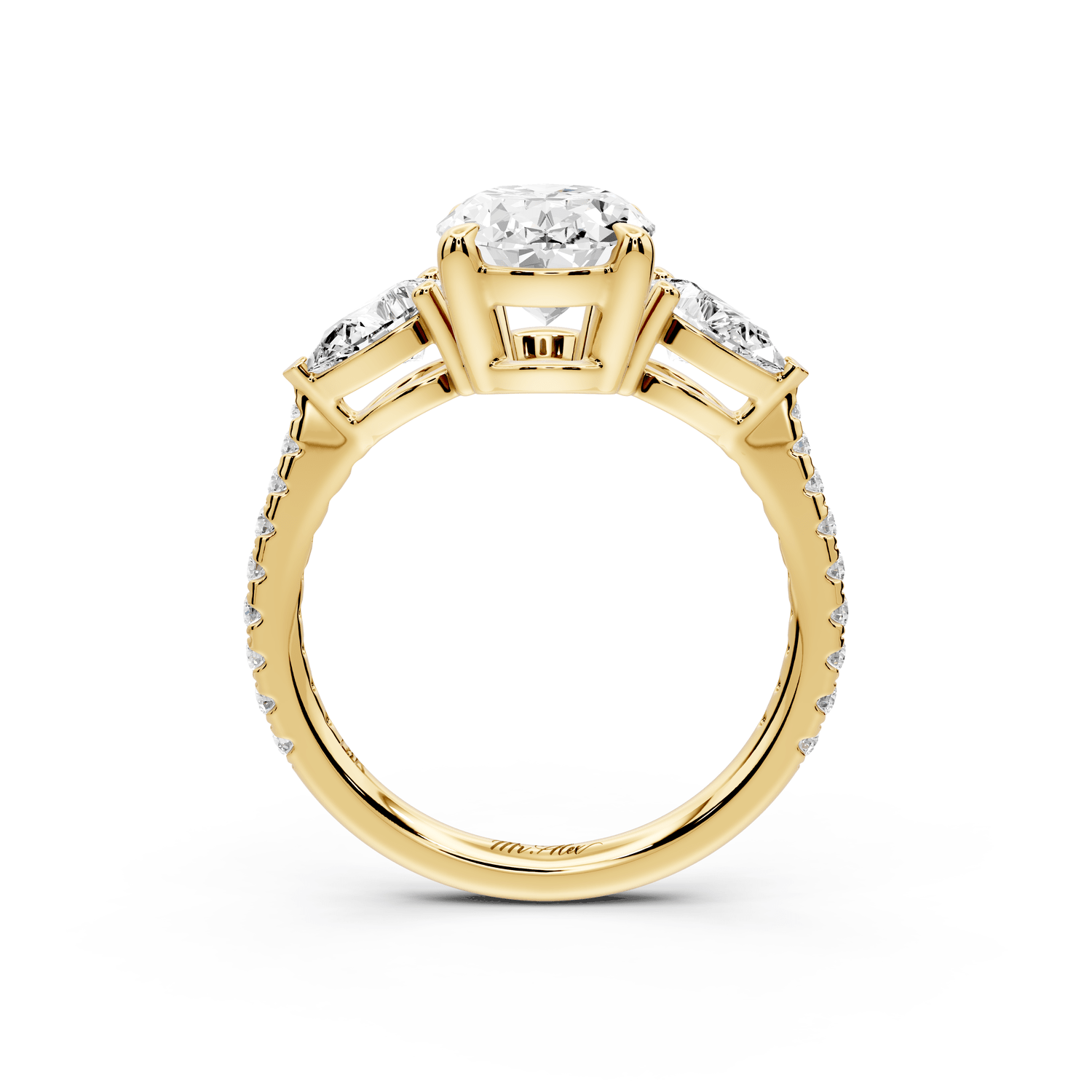 Alma - 2ct 18k yellow gold oval center stone with two pear shaped diamonds and pavé. Three stone oval and pear Engagement ring with Pavé - Mr. Alex Jewelry