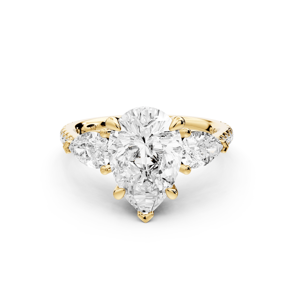 Alma - 2ct 18k yellow gold pear center stone with two pear shaped diamonds and pavé. Three stone oval and pear Engagement ring with Pavé - Mr. Alex Jewelry