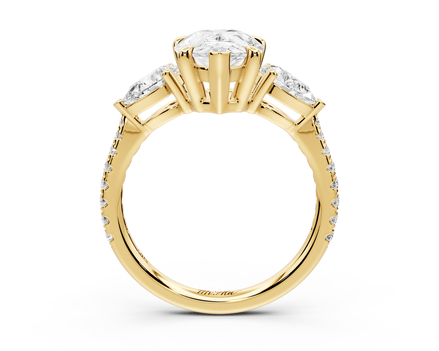 Alma - 2ct 18k yellow gold pear center stone with two pear shaped diamonds and pavé. Three stone oval and pear Engagement ring with Pavé - Mr. Alex Jewelry
