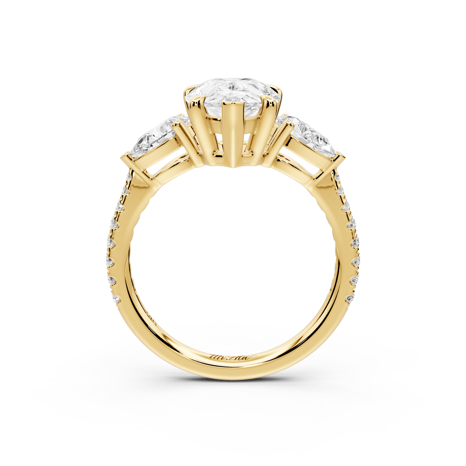 Alma - 2ct 18k yellow gold pear center stone with two pear shaped diamonds and pavé. Three stone oval and pear Engagement ring with Pavé - Mr. Alex Jewelry