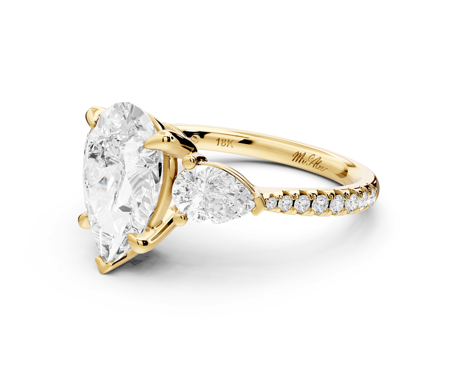 Alma - 2ct 18k yellow gold pear center stone with two pear shaped diamonds and pavé. Three stone oval and pear Engagement ring with Pavé - Mr. Alex Jewelry