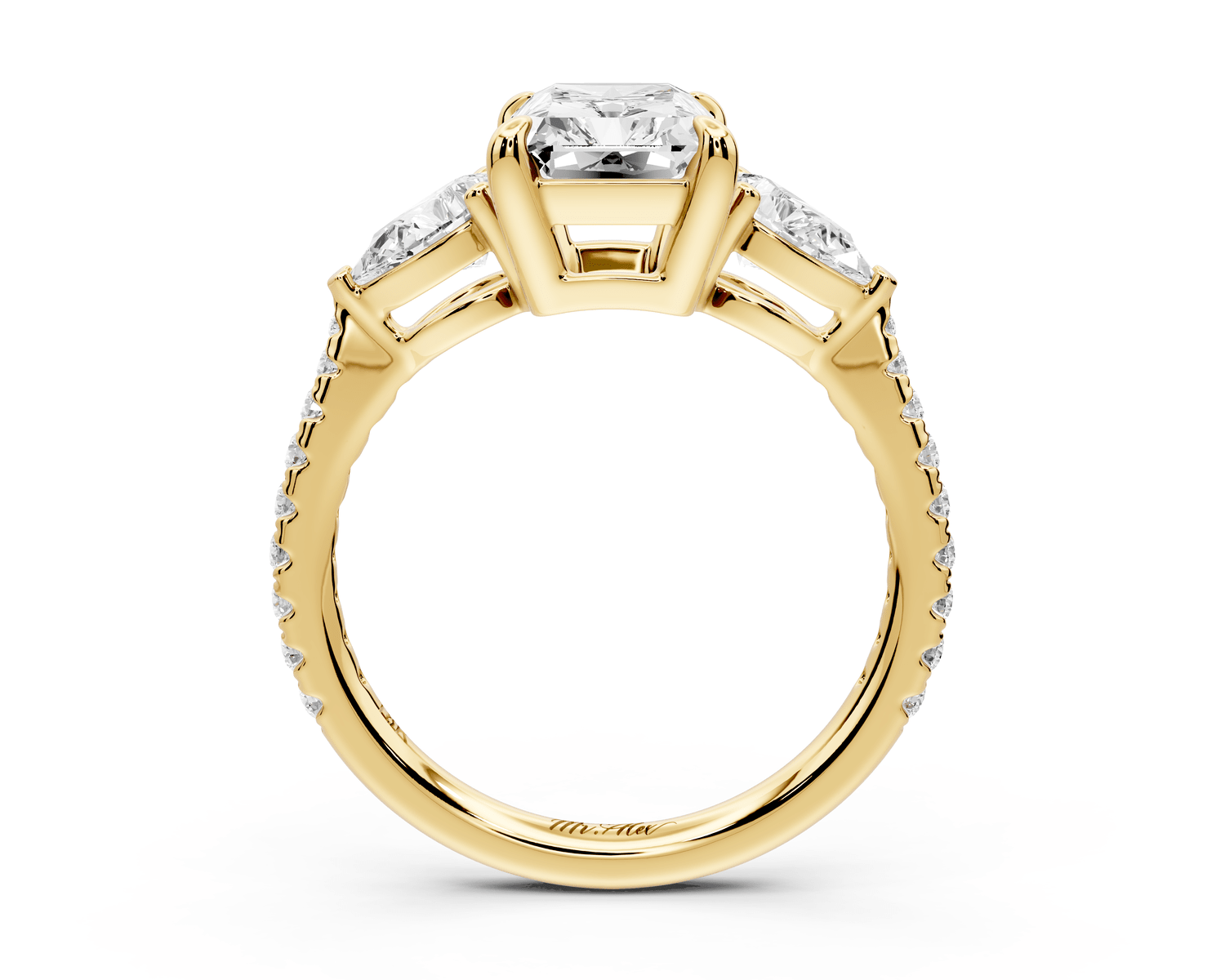 Alma - 2ct 18k yellow gold radiant center stone with two pear shaped diamonds and pavé. Three stone oval and pear engagement ring with Pavé - Mr. Alex Jewelry