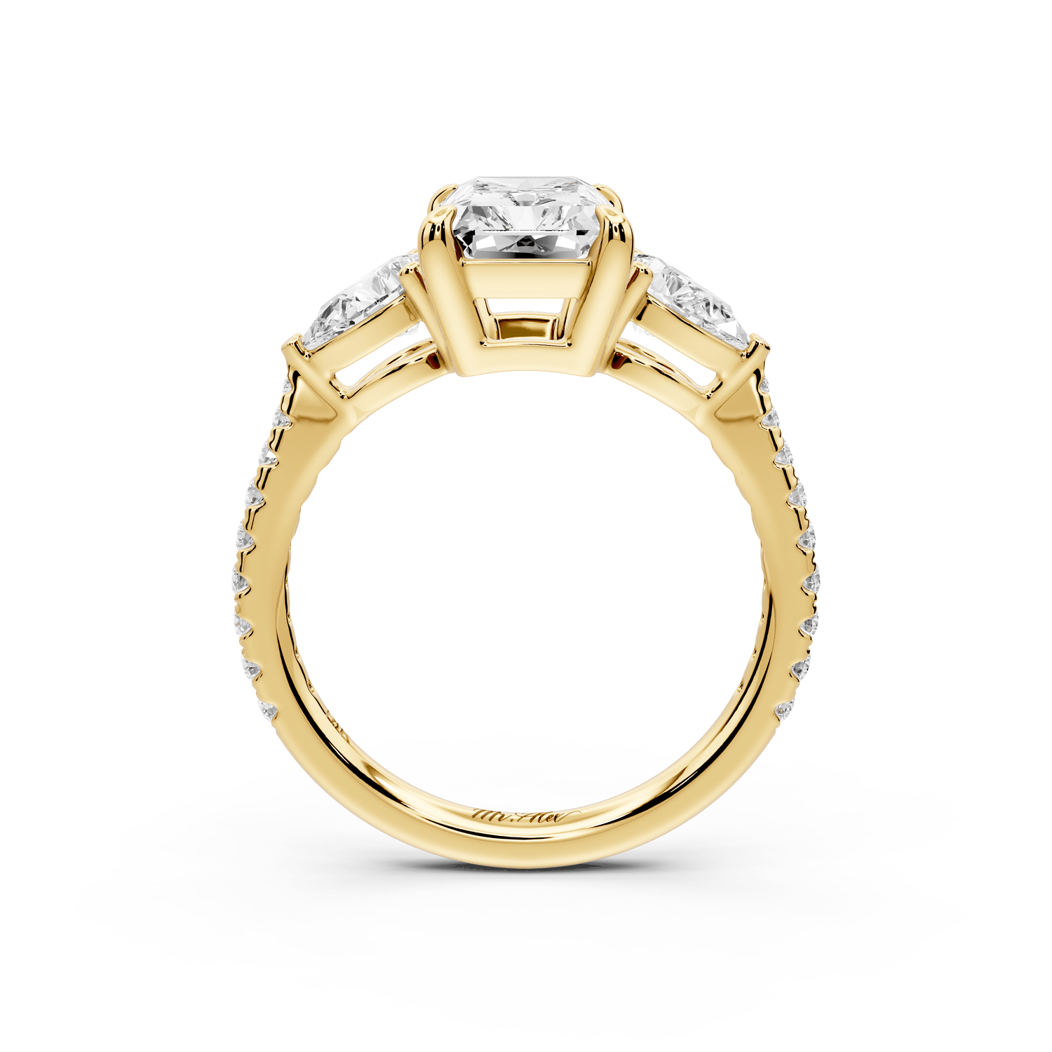 Alma - 2ct 18k yellow gold radiant center stone with two pear shaped diamonds and pavé. Three stone oval and pear engagement ring with Pavé - Mr. Alex Jewelry