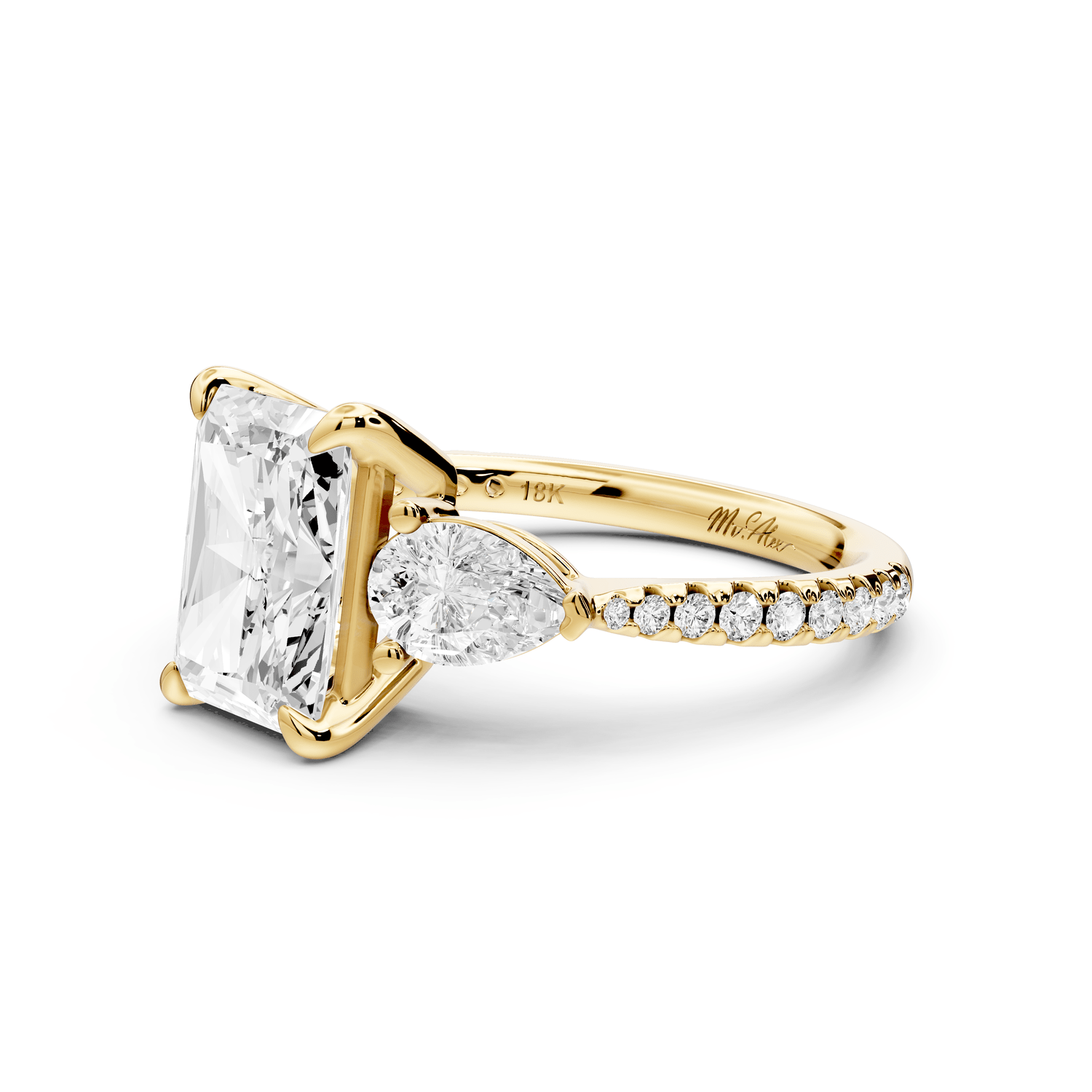 Alma - 2ct 18k yellow gold radiant center stone with two pear shaped diamonds and pavé. Three stone oval and pear engagement ring with Pavé - Mr. Alex Jewelry
