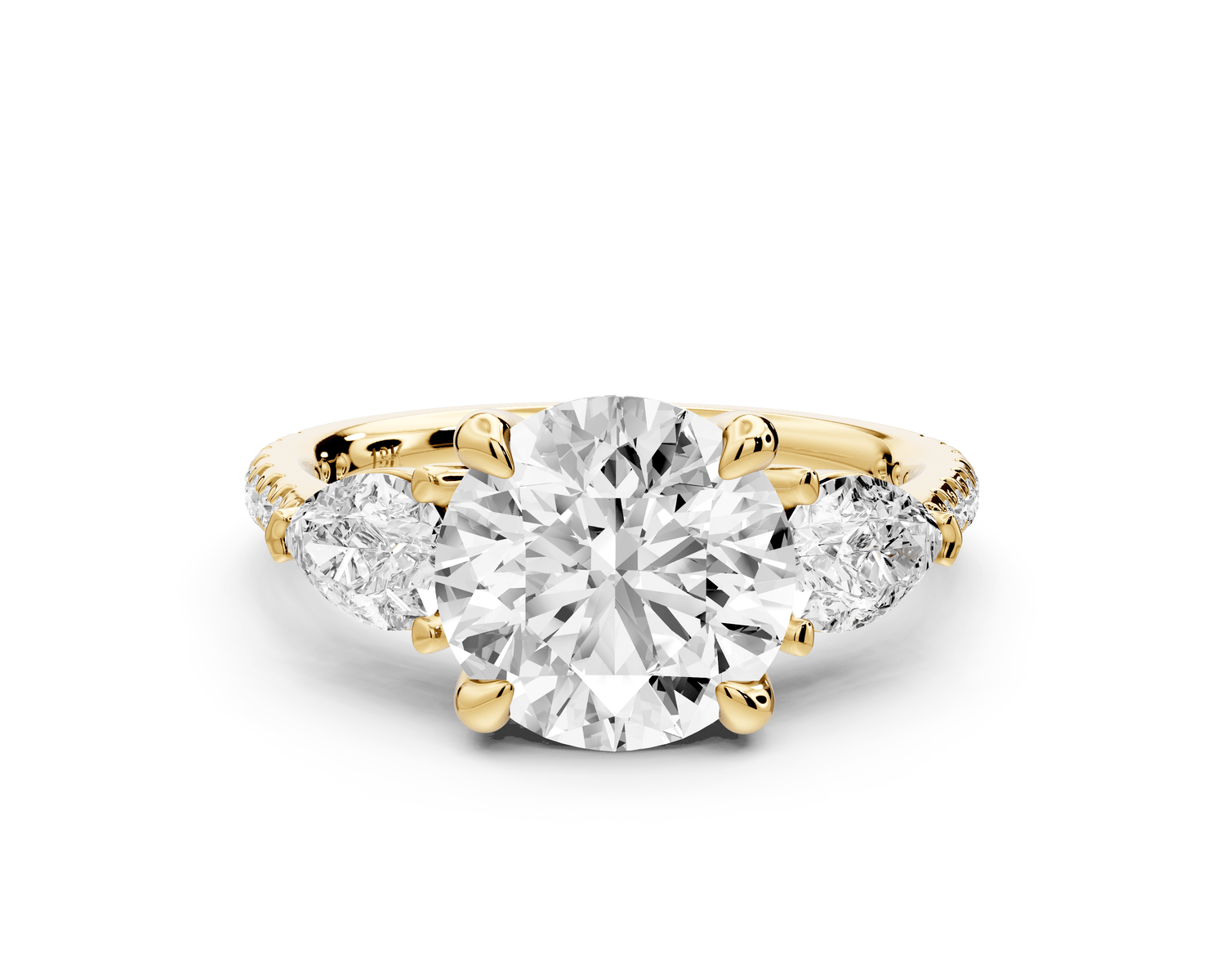 Alma - 2ct 18k yellow gold round center stone with two pear shaped diamonds and pavé. Three stone oval and pear engagment ring with Pavé - Mr. Alex Jewelry