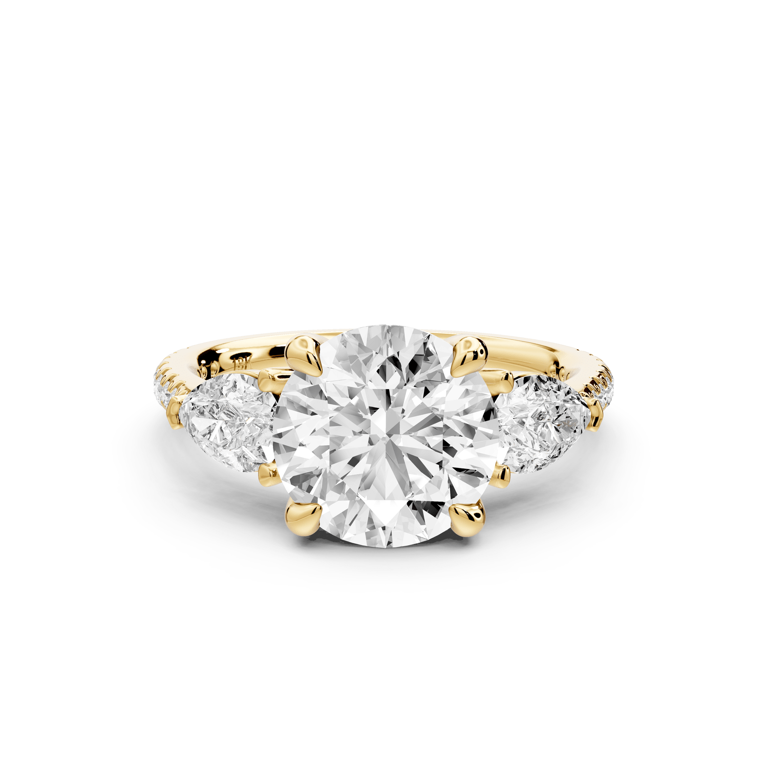 Alma - 2ct 18k yellow gold round center stone with two pear shaped diamonds and pavé. Three stone oval and pear engagment ring with Pavé - Mr. Alex Jewelry