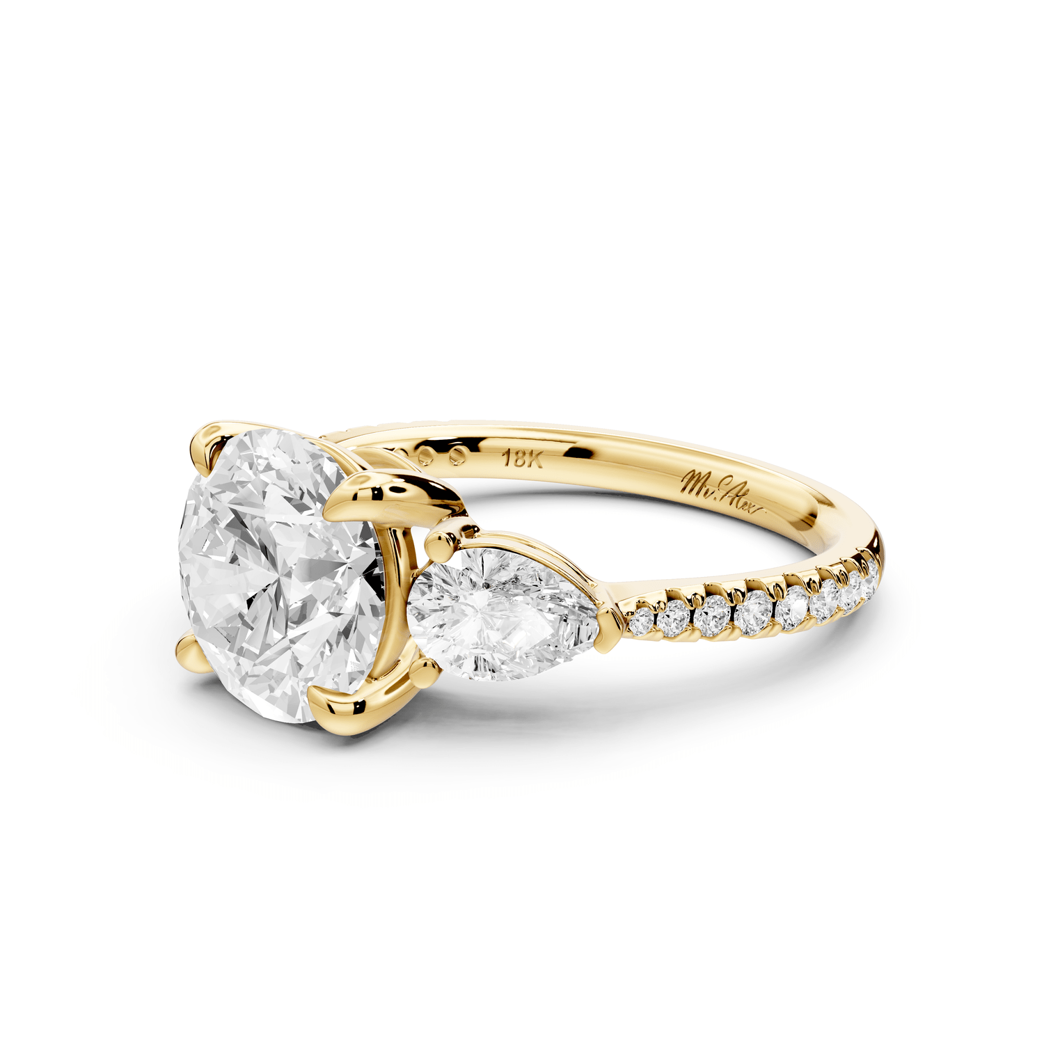 Alma - 2ct 18k yellow gold round center stone with two pear shaped diamonds and pavé. Three stone oval and pear engagment ring with Pavé - Mr. Alex Jewelry