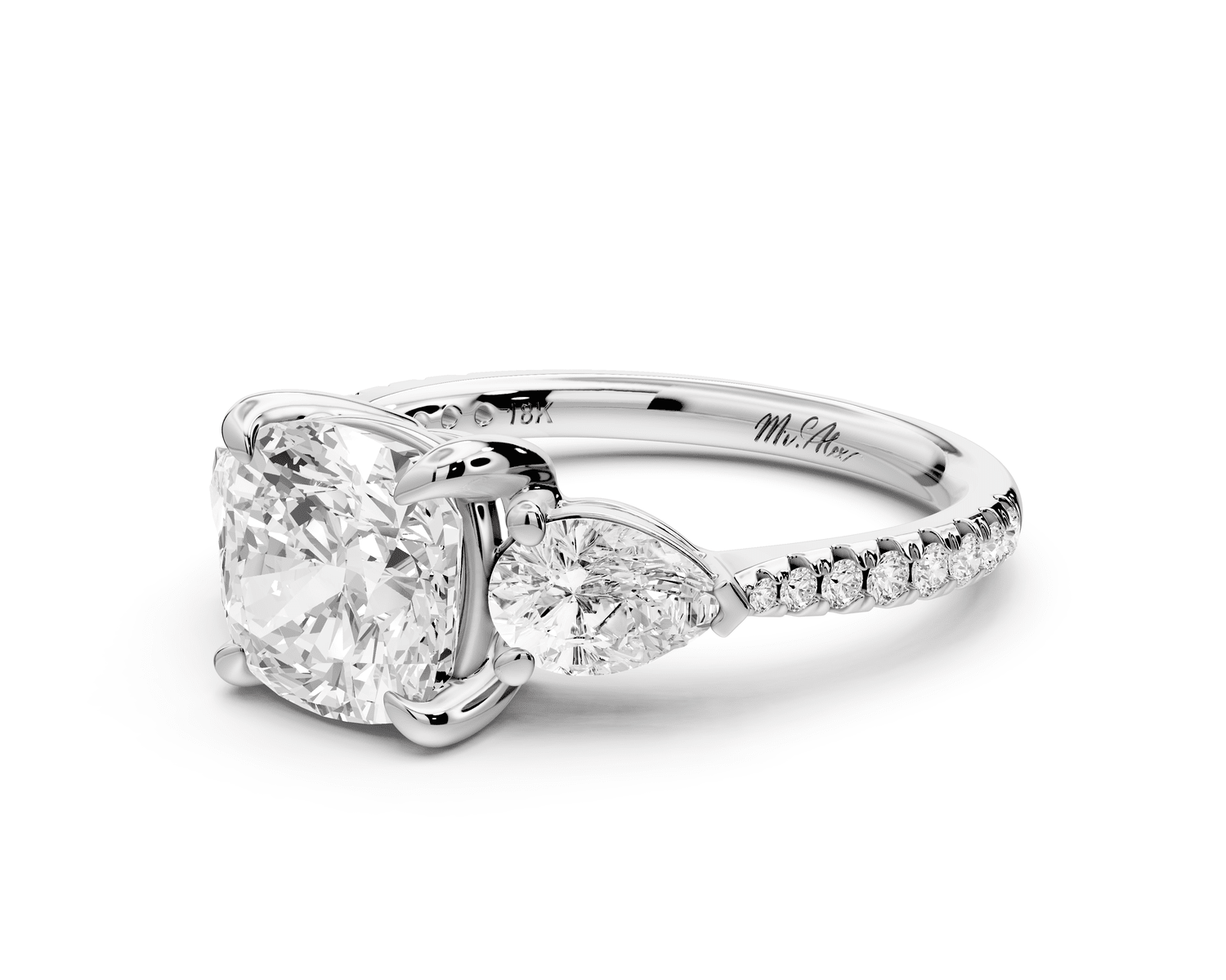 Alma - 2ct platinum cushion center stone with two pear shaped diamonds and pavé. Three stone oval and pear engagement ring with Pavé - Mr. Alex Jewelry