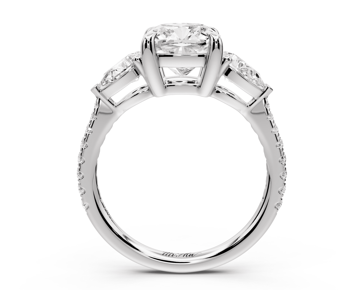 Alma - 2ct platinum cushion center stone with two pear shaped diamonds and pavé. Three stone oval and pear engagement ring with Pavé - Mr. Alex Jewelry