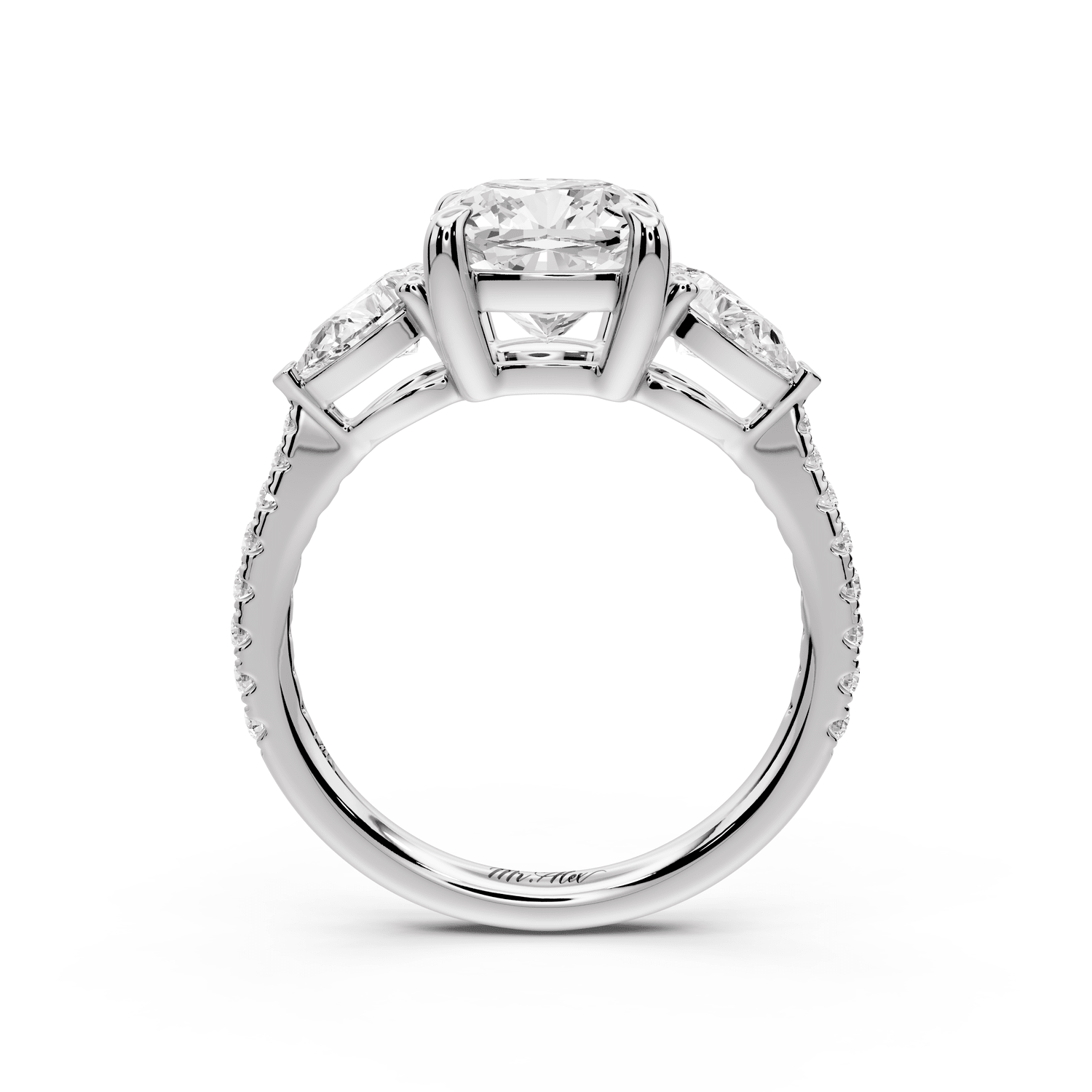 Alma - 2ct platinum cushion center stone with two pear shaped diamonds and pavé. Three stone oval and pear engagement ring with Pavé - Mr. Alex Jewelry