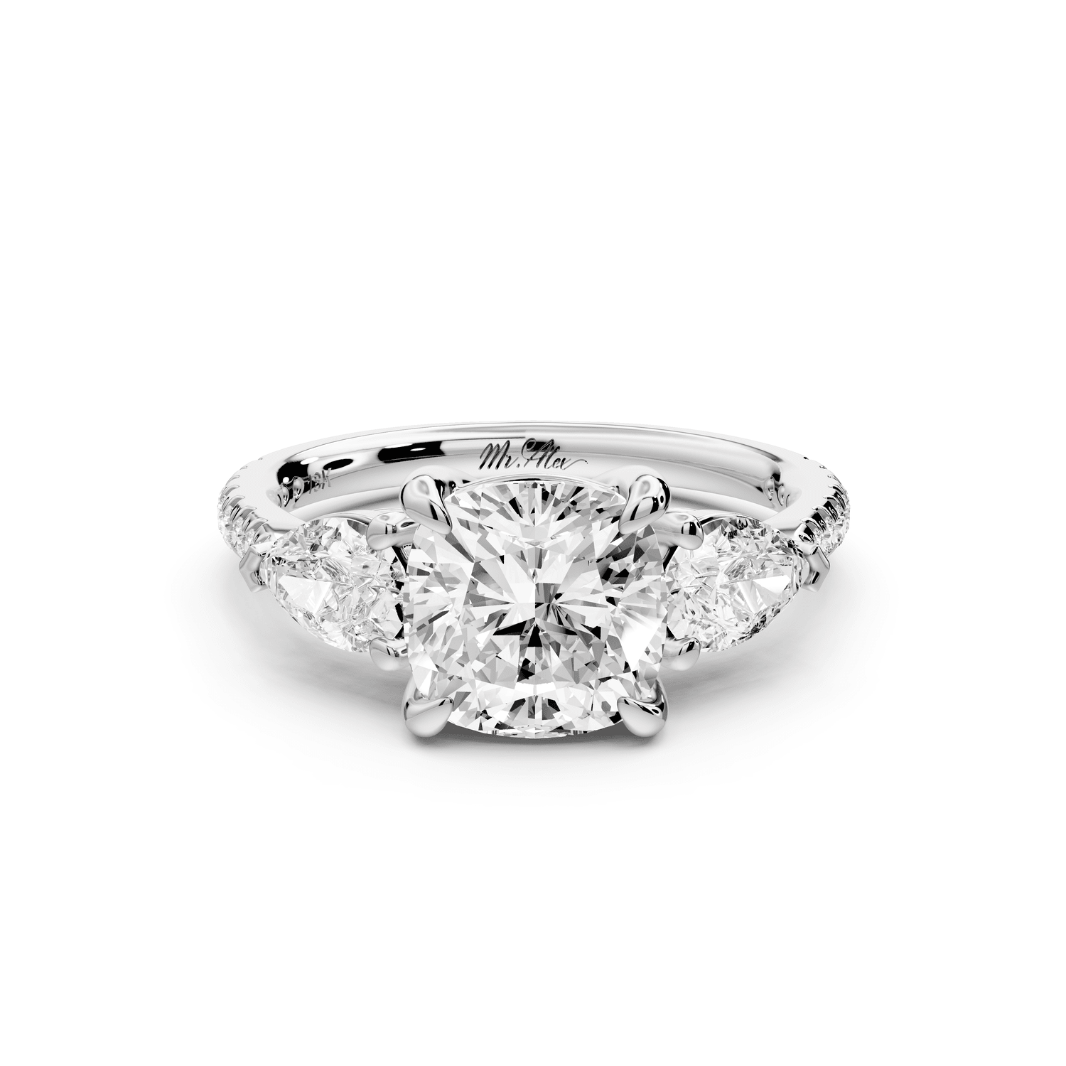 Alma - 2ct platinum cushion center stone with two pear shaped diamonds and pavé. Three stone oval and pear engagement ring with Pavé - Mr. Alex Jewelry