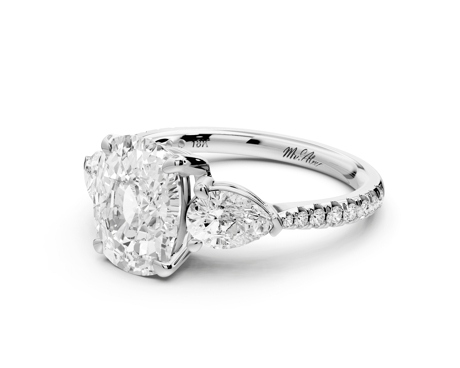 Alma - 2ct platinum ecushion center stone with two pear shaped diamonds and pavé. Three stone oval and pear engagement ring with Pavé - Mr. Alex Jewelry