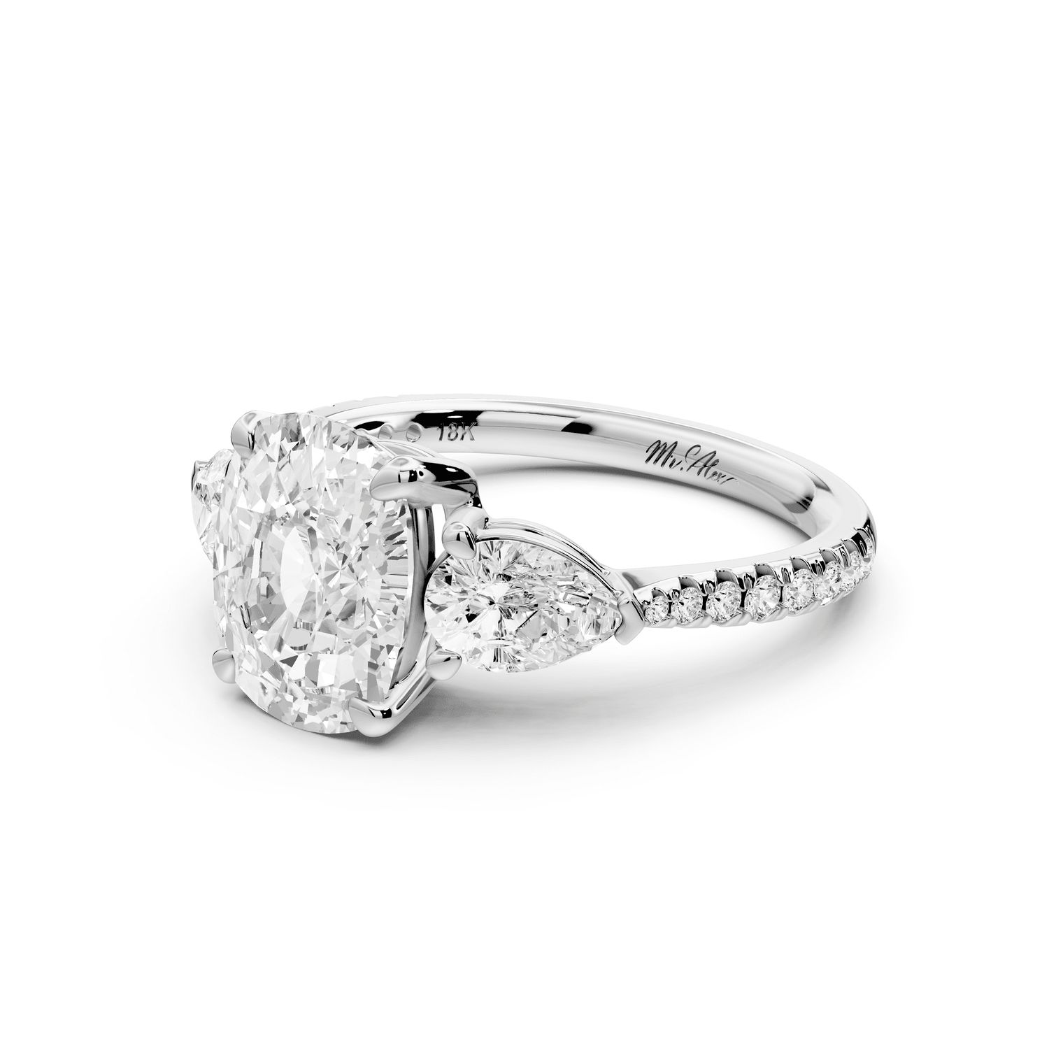 Alma - 2ct platinum ecushion center stone with two pear shaped diamonds and pavé. Three stone oval and pear engagement ring with Pavé - Mr. Alex Jewelry