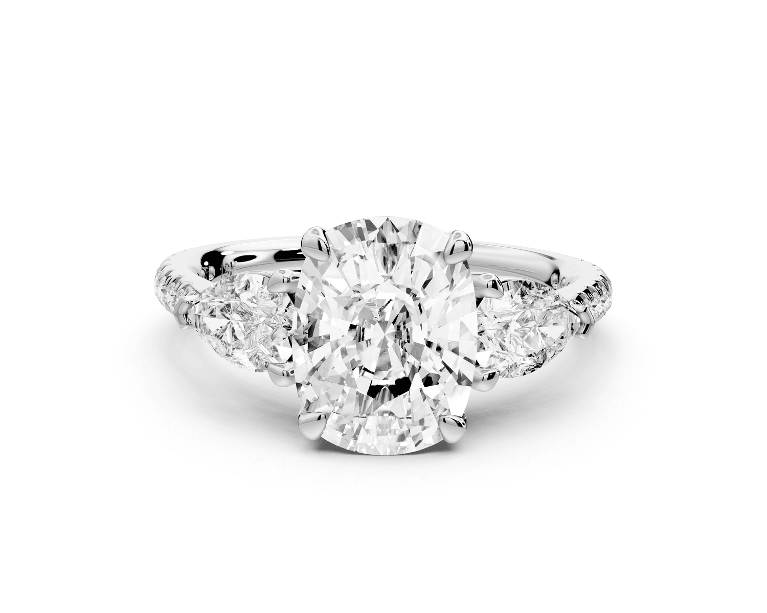 Alma - 2ct platinum ecushion center stone with two pear shaped diamonds and pavé. Three stone oval and pear engagement ring with Pavé - Mr. Alex Jewelry