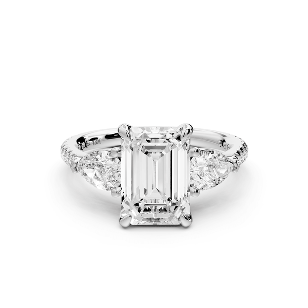 Alma - 2ct platinum emerald center stone with two pear shaped diamonds and pavé. Three stone oval and pear Engagement ring with Pavé - Mr. Alex Jewelry