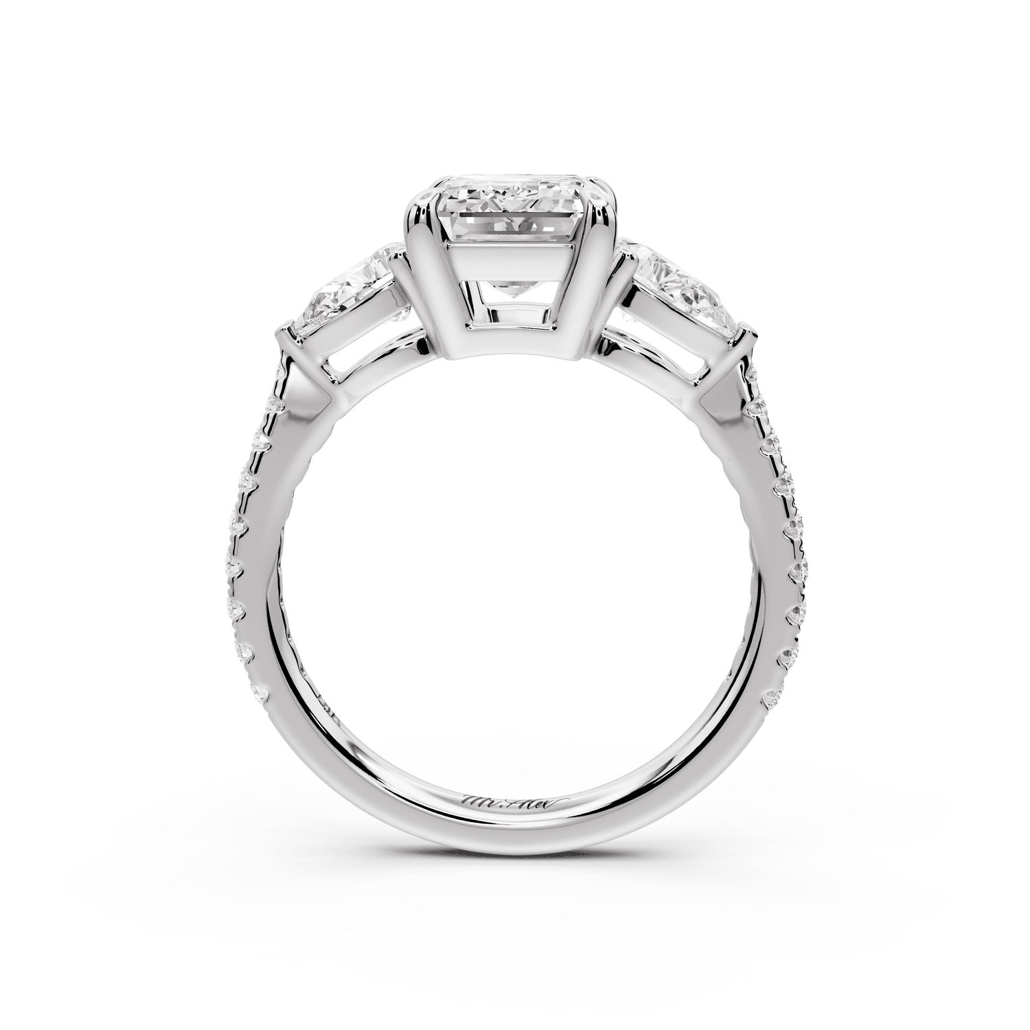 Alma - 2ct platinum emerald center stone with two pear shaped diamonds and pavé. Three stone oval and pear Engagement ring with Pavé - Mr. Alex Jewelry