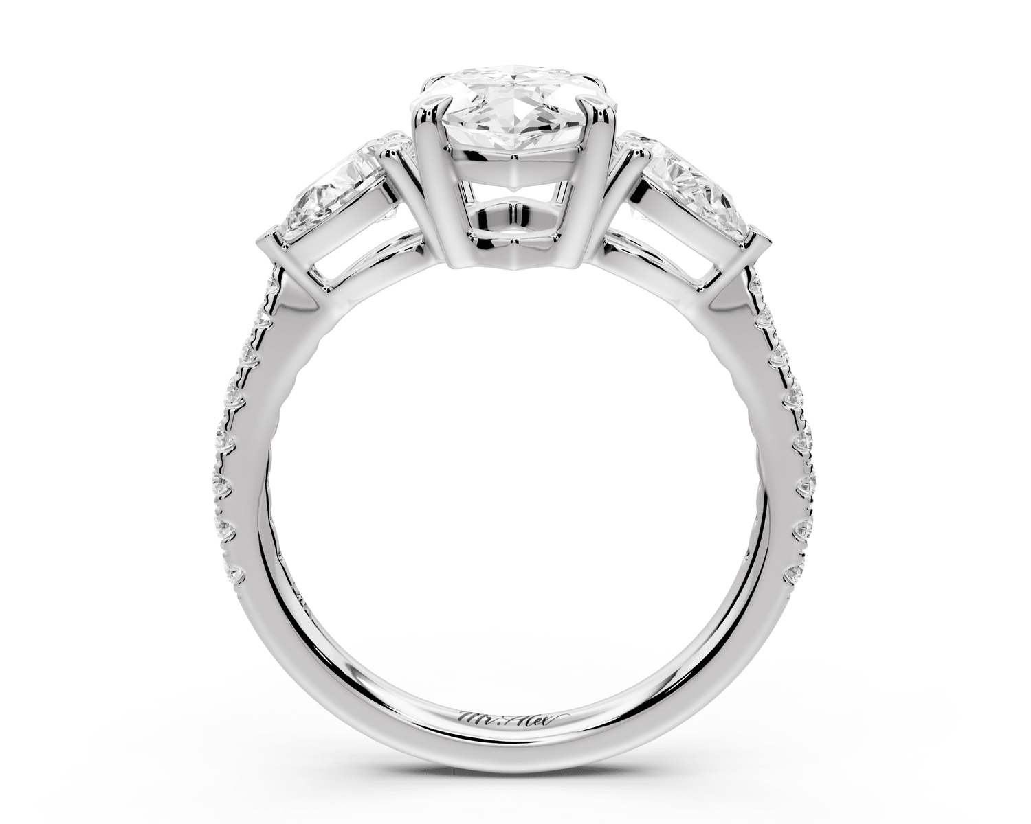 Alma - 2ct platinum marquise center stone with two pear shaped diamonds and pavé. Three stone oval and pear engagement ring with Pavé - Mr. Alex Jewelry